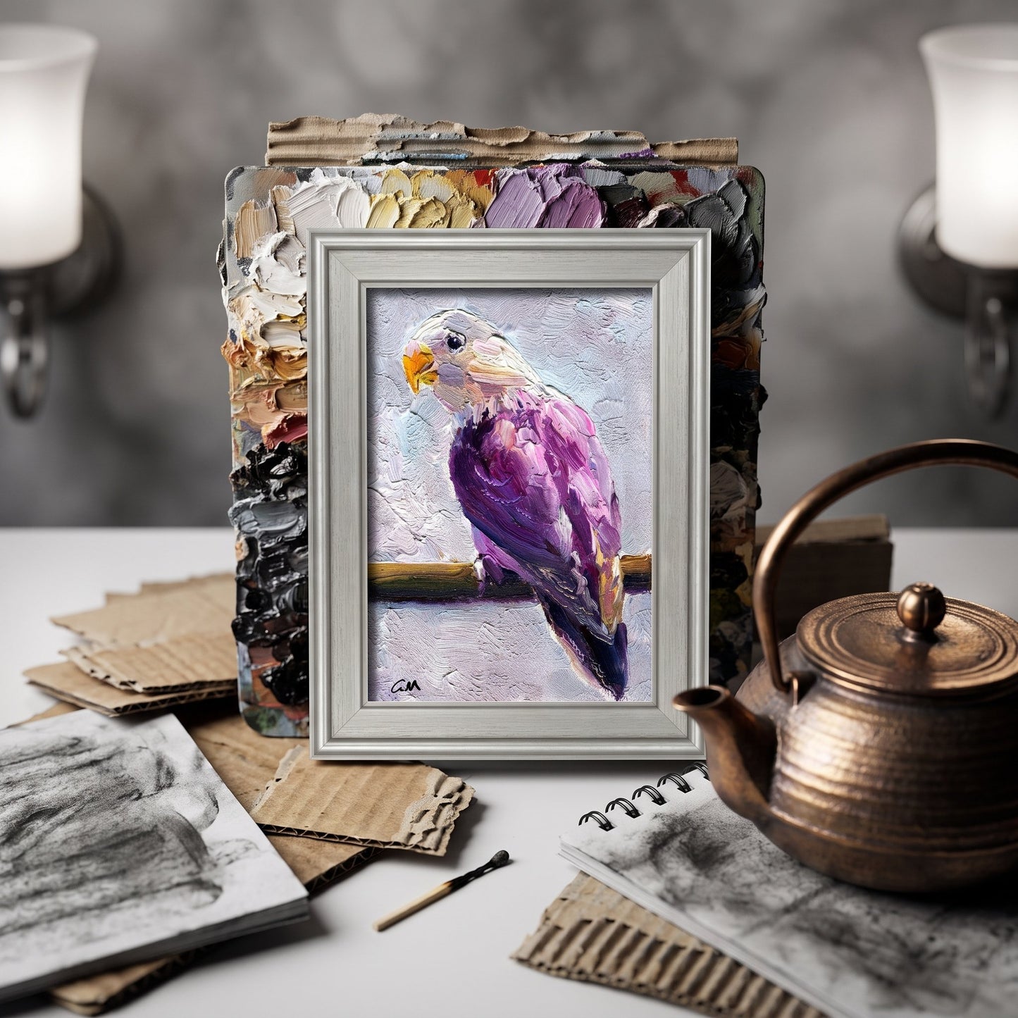 Artist's studio, eclectic decor — vibrant expressionist bird painting adds color and soul to creative workspace