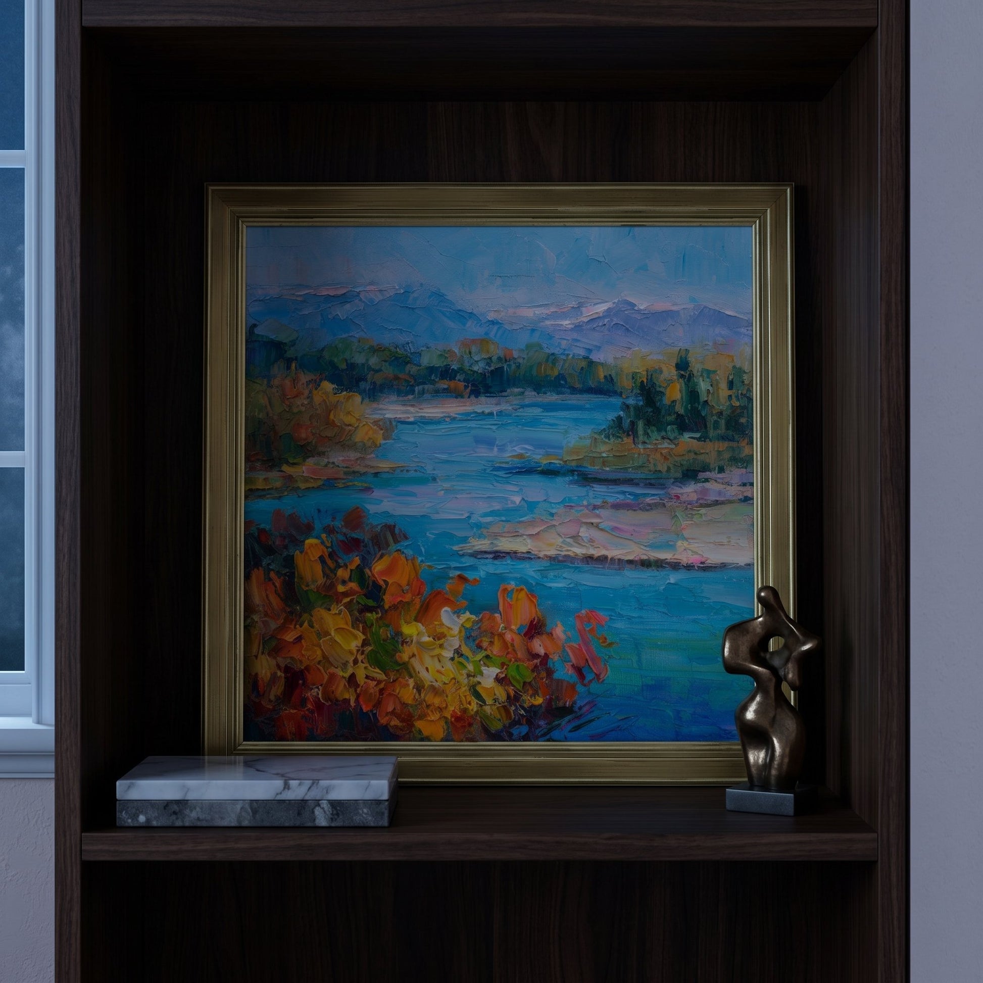 Contemporary living room — Impressionist landscape painting adds vibrant color and serenity to a minimalist wood niche