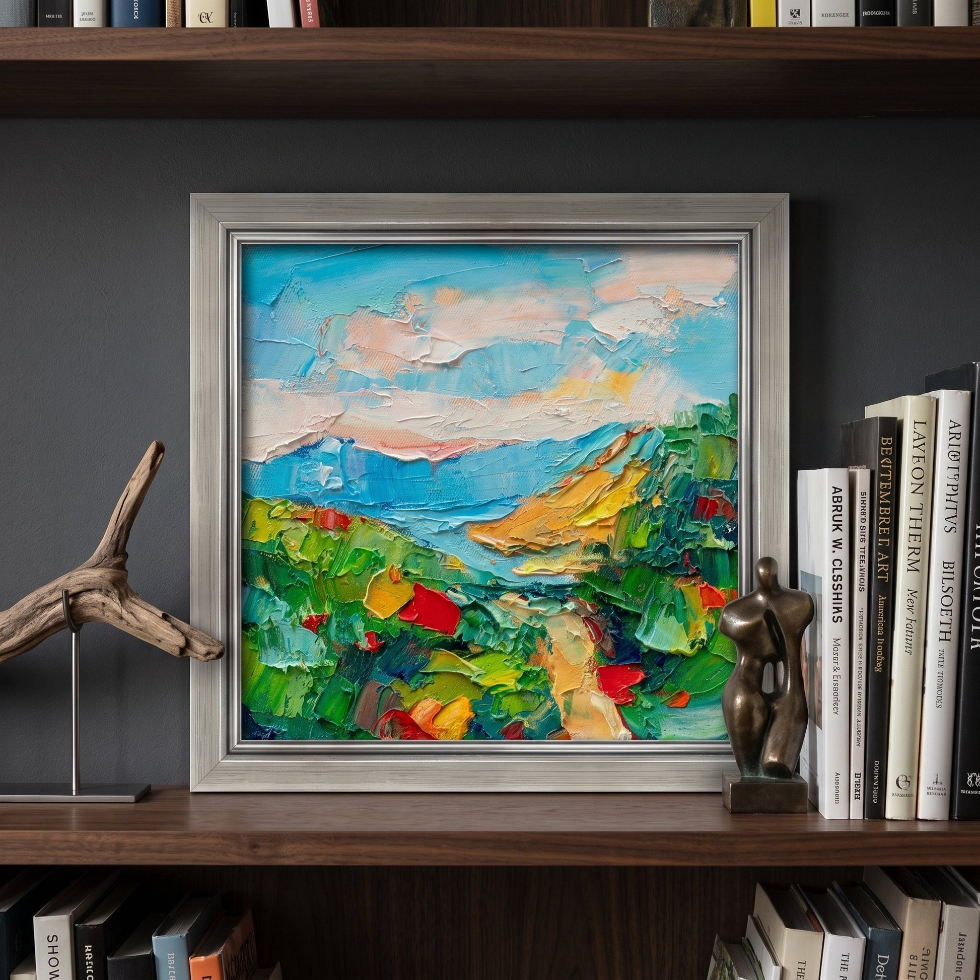 Contemporary study — vibrant Impressionist landscape elevates the space with bold color and texture