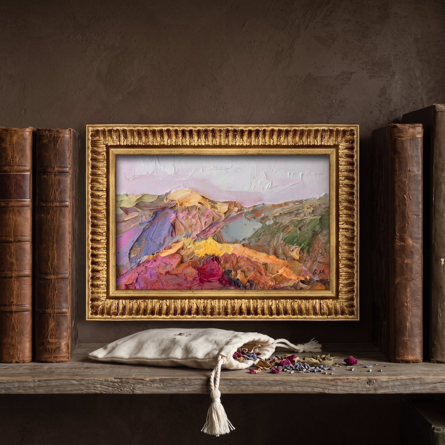 Rustic farmhouse study — vibrant Expressionist landscape painting adds bold color and emotional depth to a serene, book-lined space