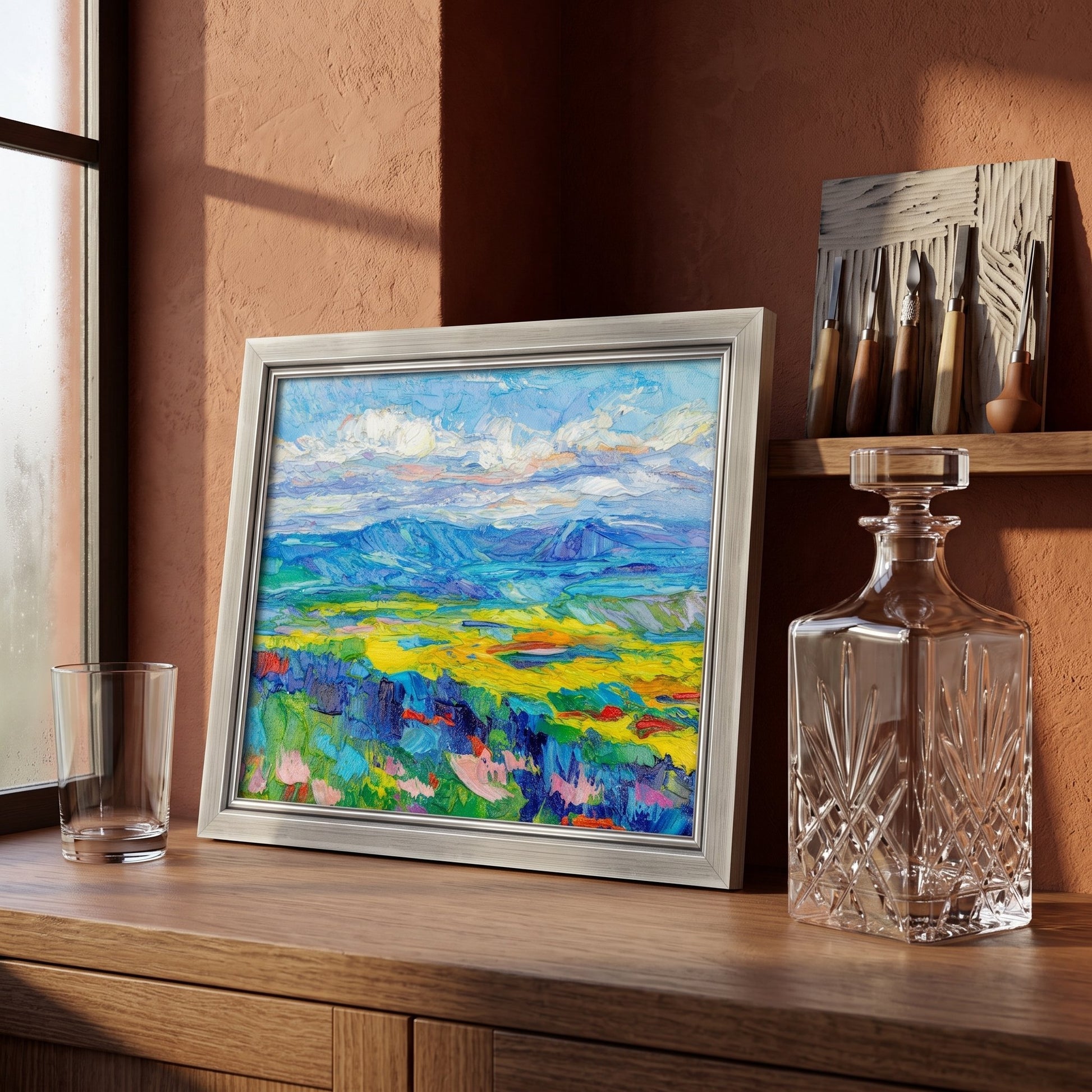 RusticFarmhouseStudy — VibrantImpressionistLandscapeElevatesWarmEarthTonesWithNaturalLight