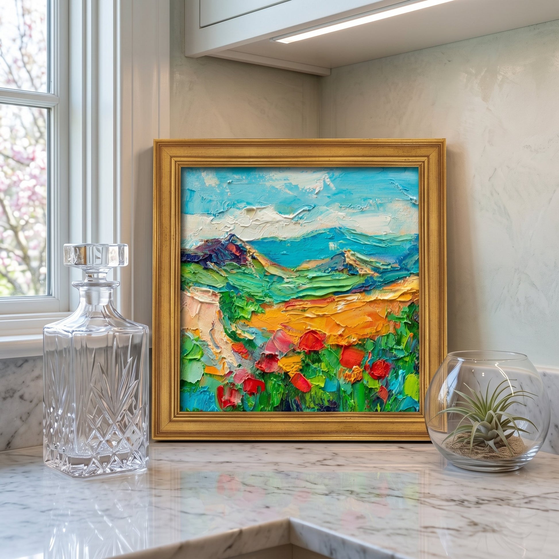 Contemporary kitchen — vibrant Impressionist landscape transforms sleek space with bold color and texture