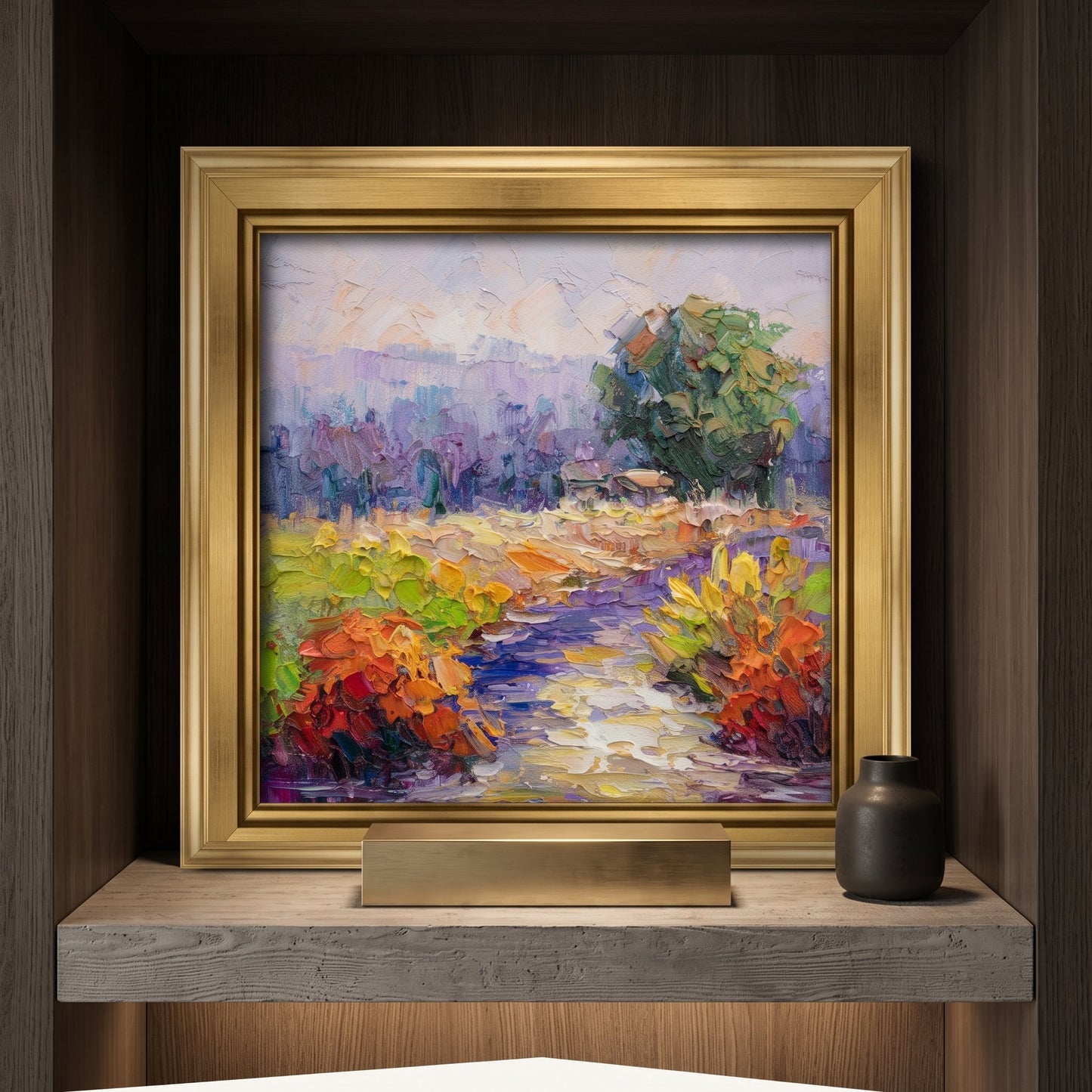 Contemporary entryway — vibrant Impressionist landscape painting adds color and artistry to minimalist wood-lined space