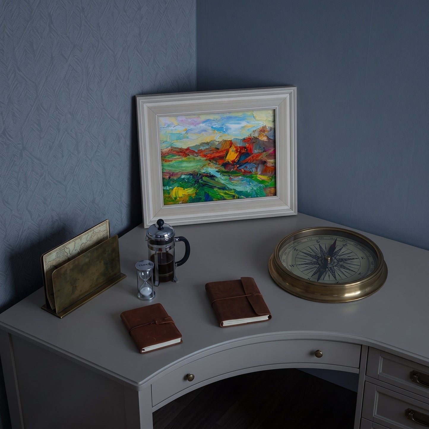 Study, minimalist classic — vibrant expressionist landscape elevates the space with bold color and emotional depth