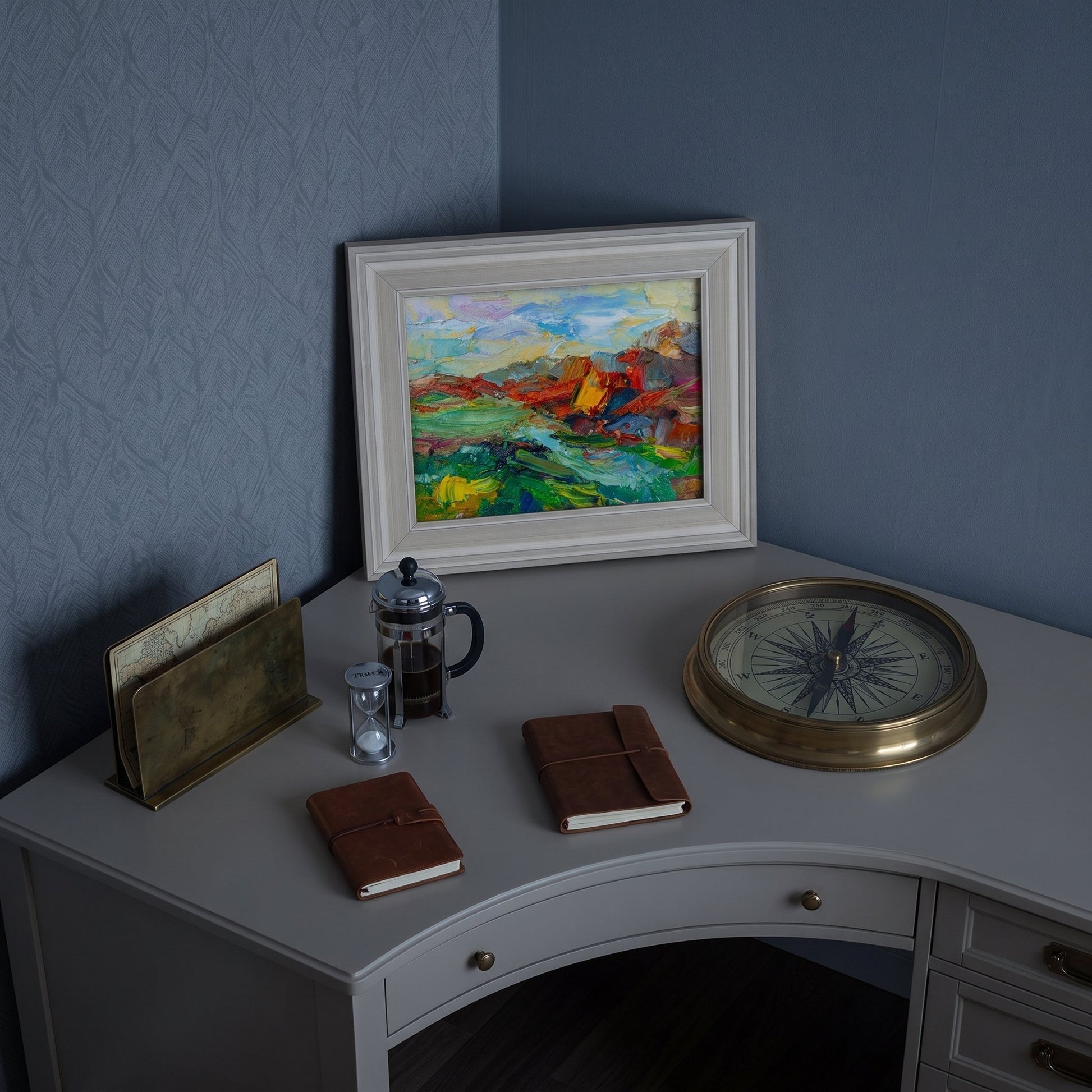 Study, minimalist classic — vibrant expressionist landscape elevates the space with bold color and emotional depth