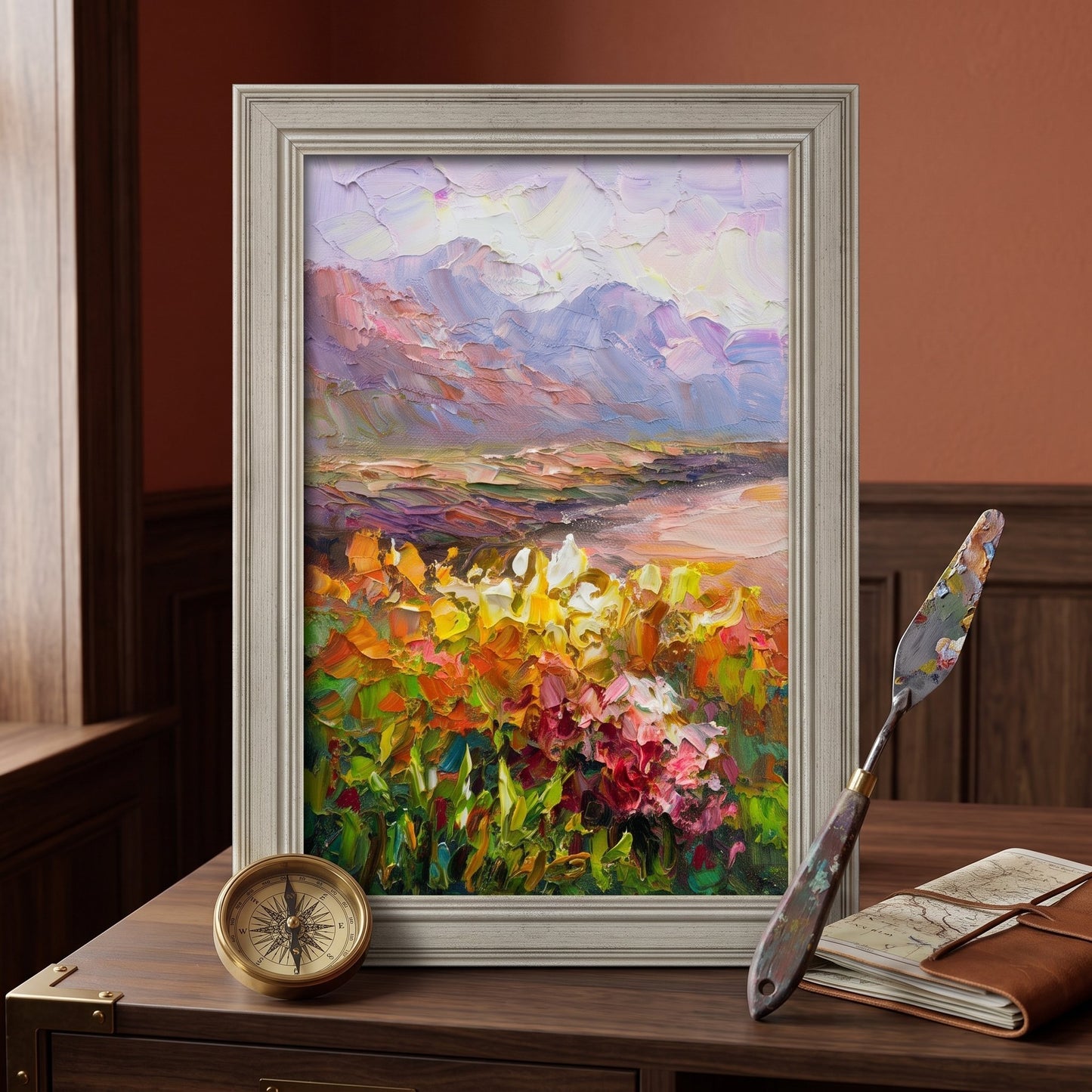 Rustic Farmhouse Study — Vibrant Impressionist landscape transforms the space with bold color and texture