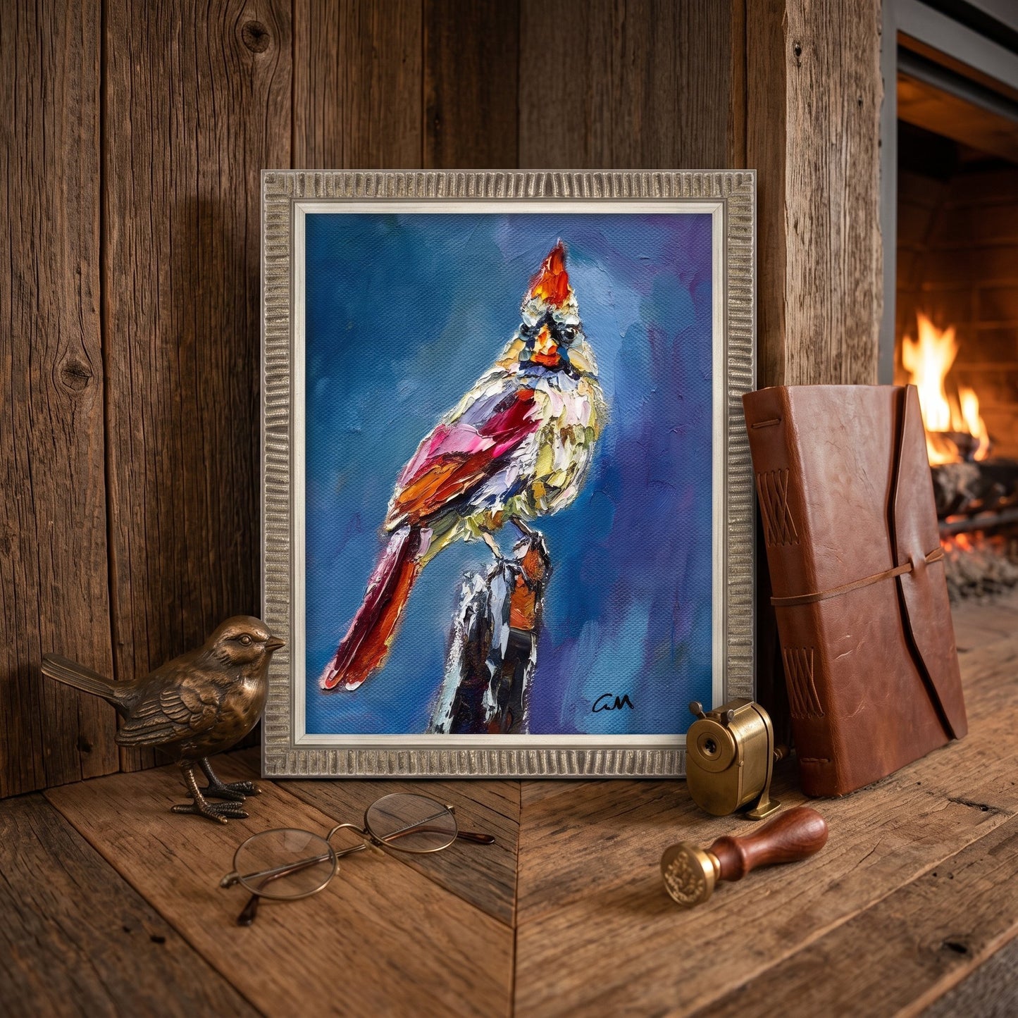 Rustic Farmhouse Living Room — Vibrant expressionist bird painting transforms the space with bold color and texture