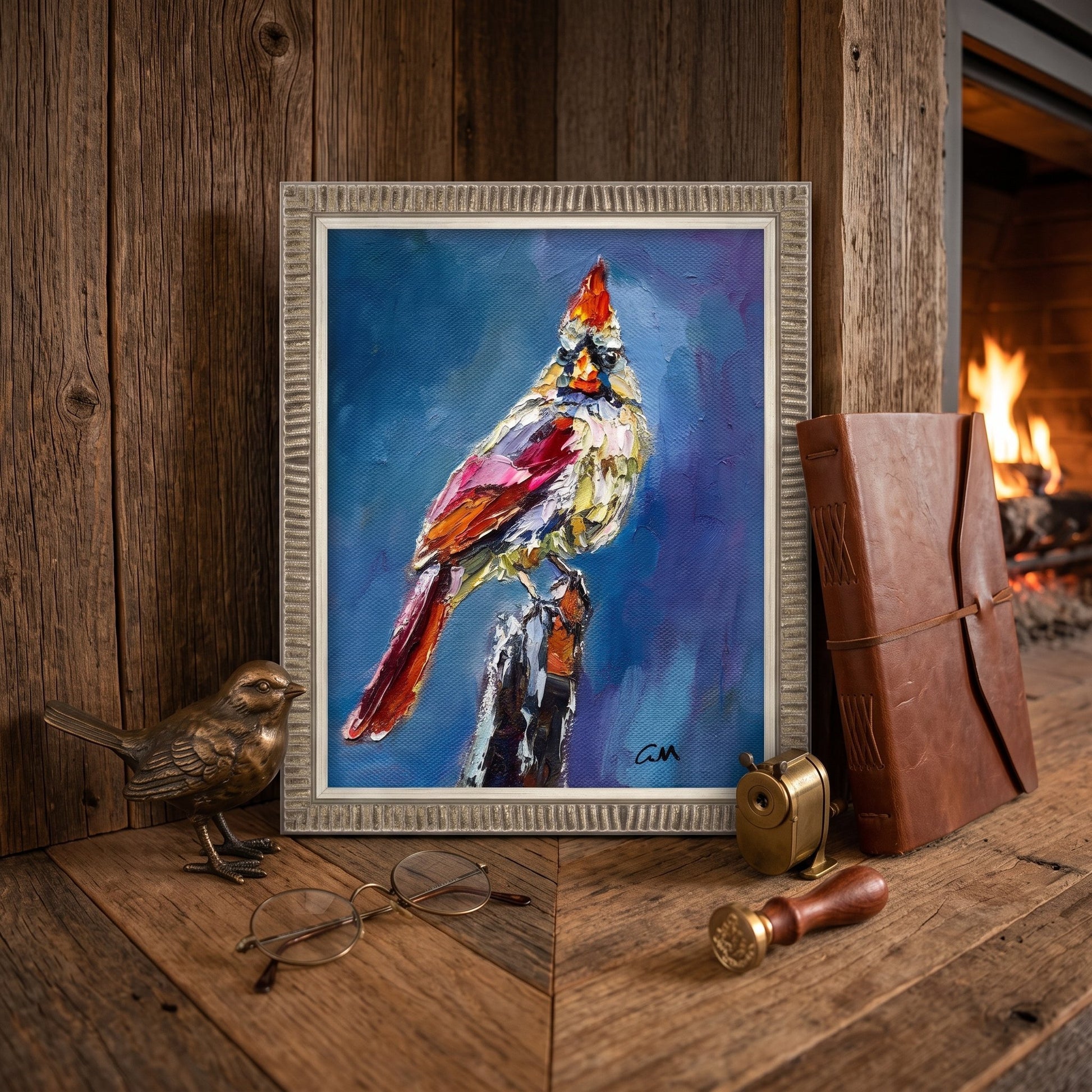 Rustic Farmhouse Living Room — Vibrant expressionist bird painting transforms the space with bold color and texture