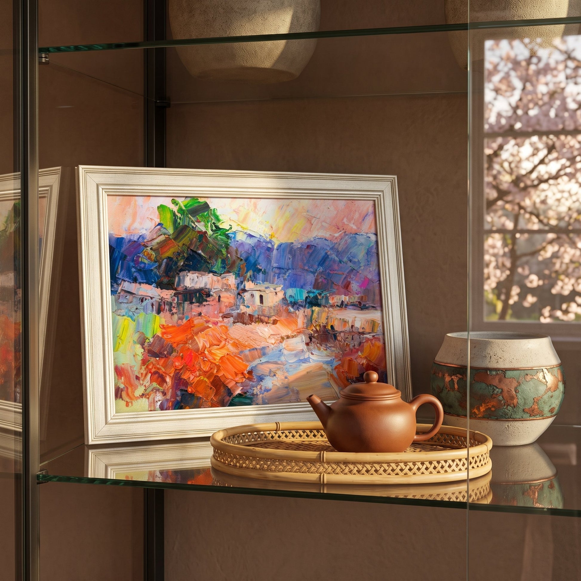 Contemporary living room — vibrant Expressionist landscape transforms neutral space with bold color and texture