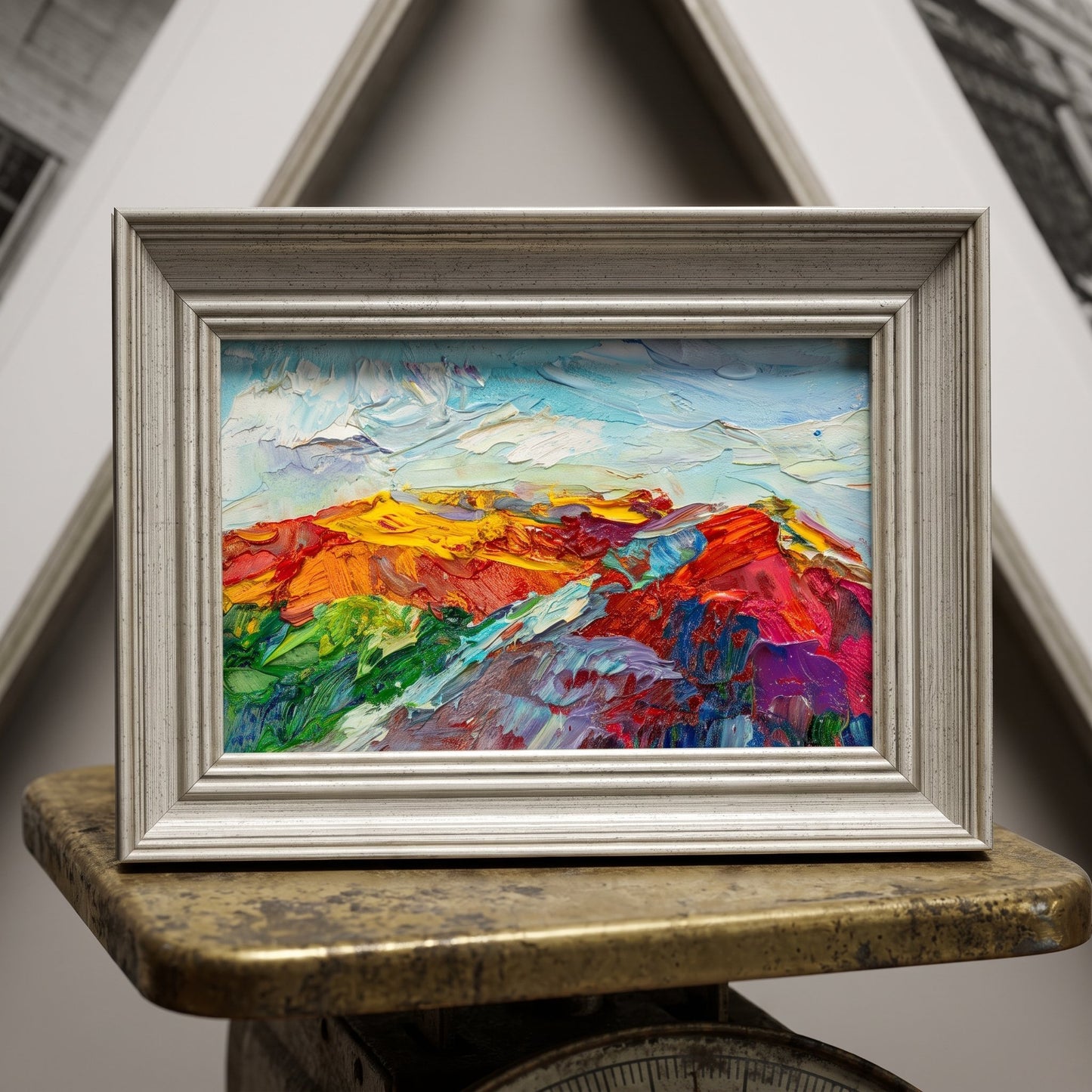 IndustrialLoftLivingRoom — VibrantExpressionistLandscapePaintingAddsColorAndDepthToMinimalistSpace