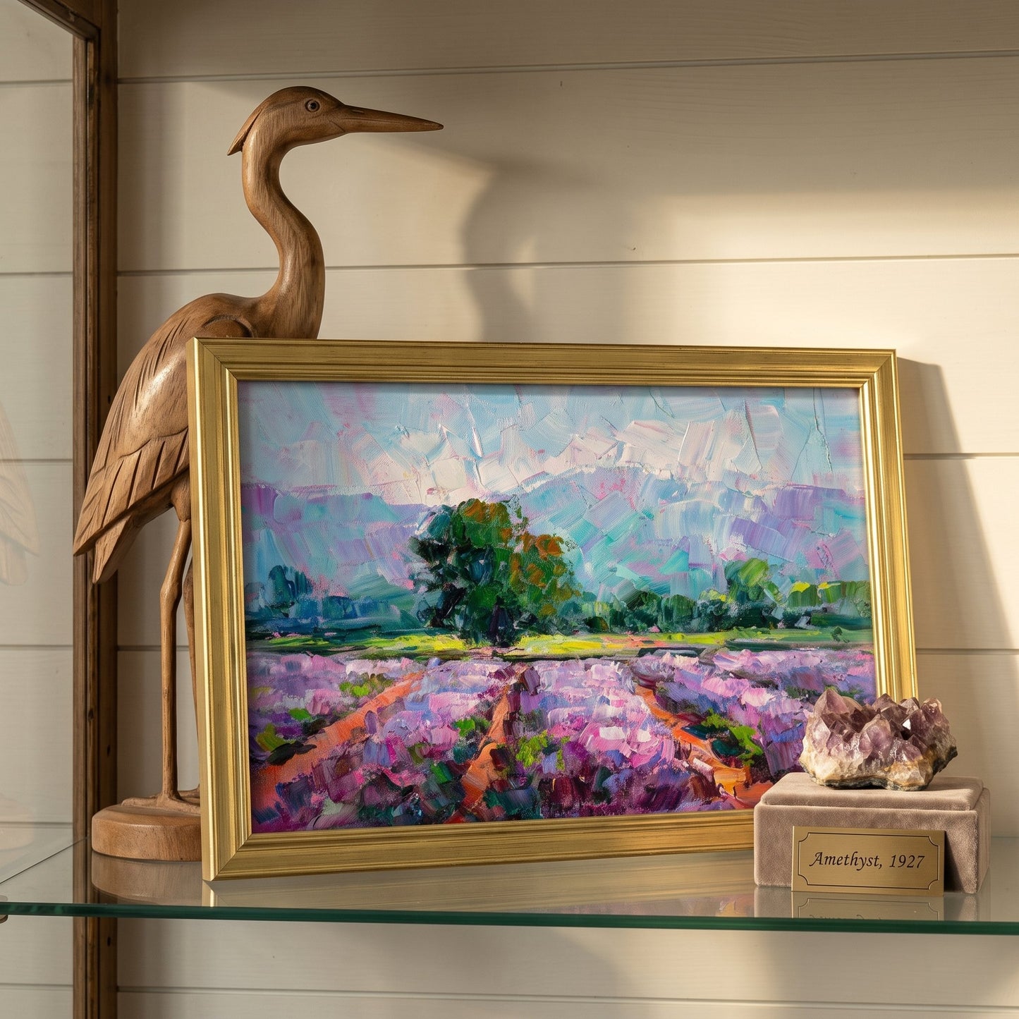 Rustic farmhouse entryway — Impressionist landscape painting adds vibrant color and texture as a focal point