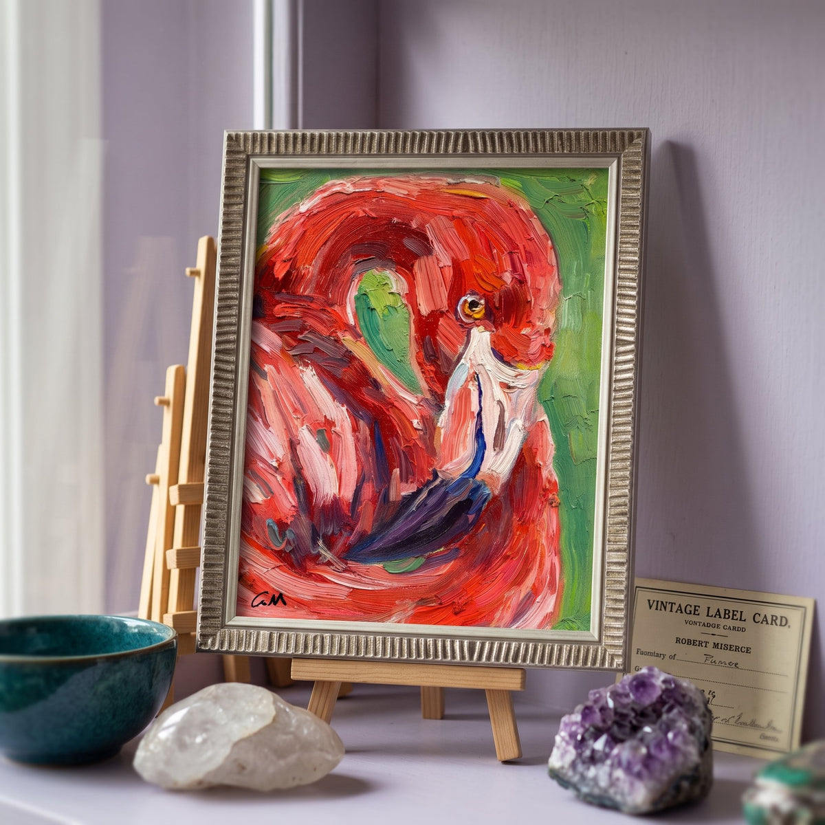 Minimalist bedroom — expressive flamingo painting adds vibrant color and texture to a calm, curated space