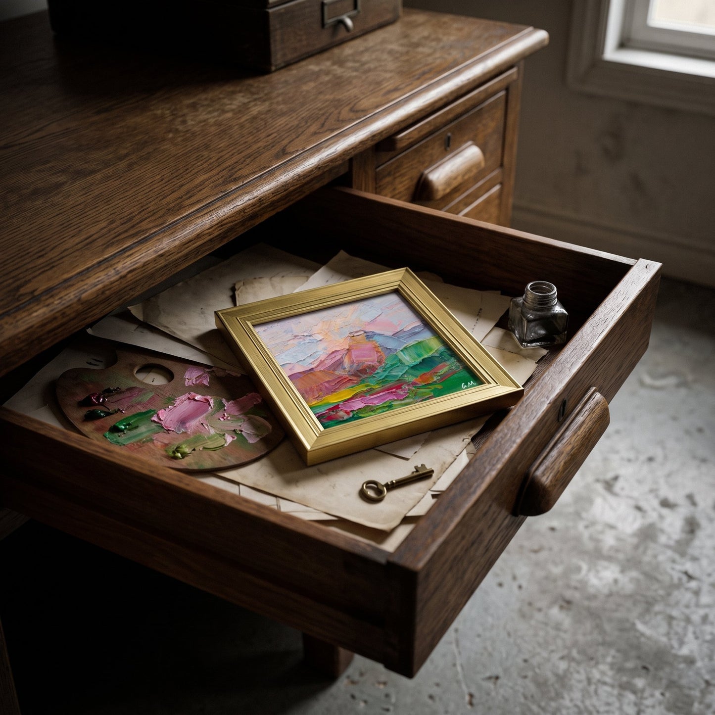 Rustic Farmhouse Study — Original Expressionist Landscape Painting Adds Vibrant Artistic Focus Amid Vintage Desk Details