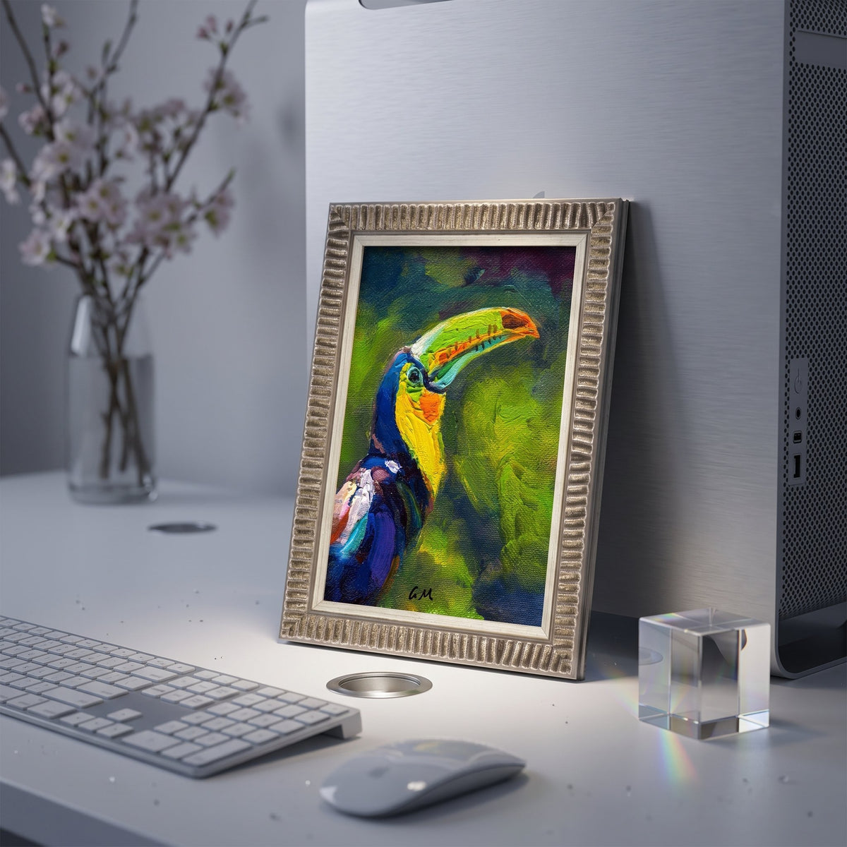Minimalist home office — Vibrant expressionist toucan painting adds color and life to a serene workspace