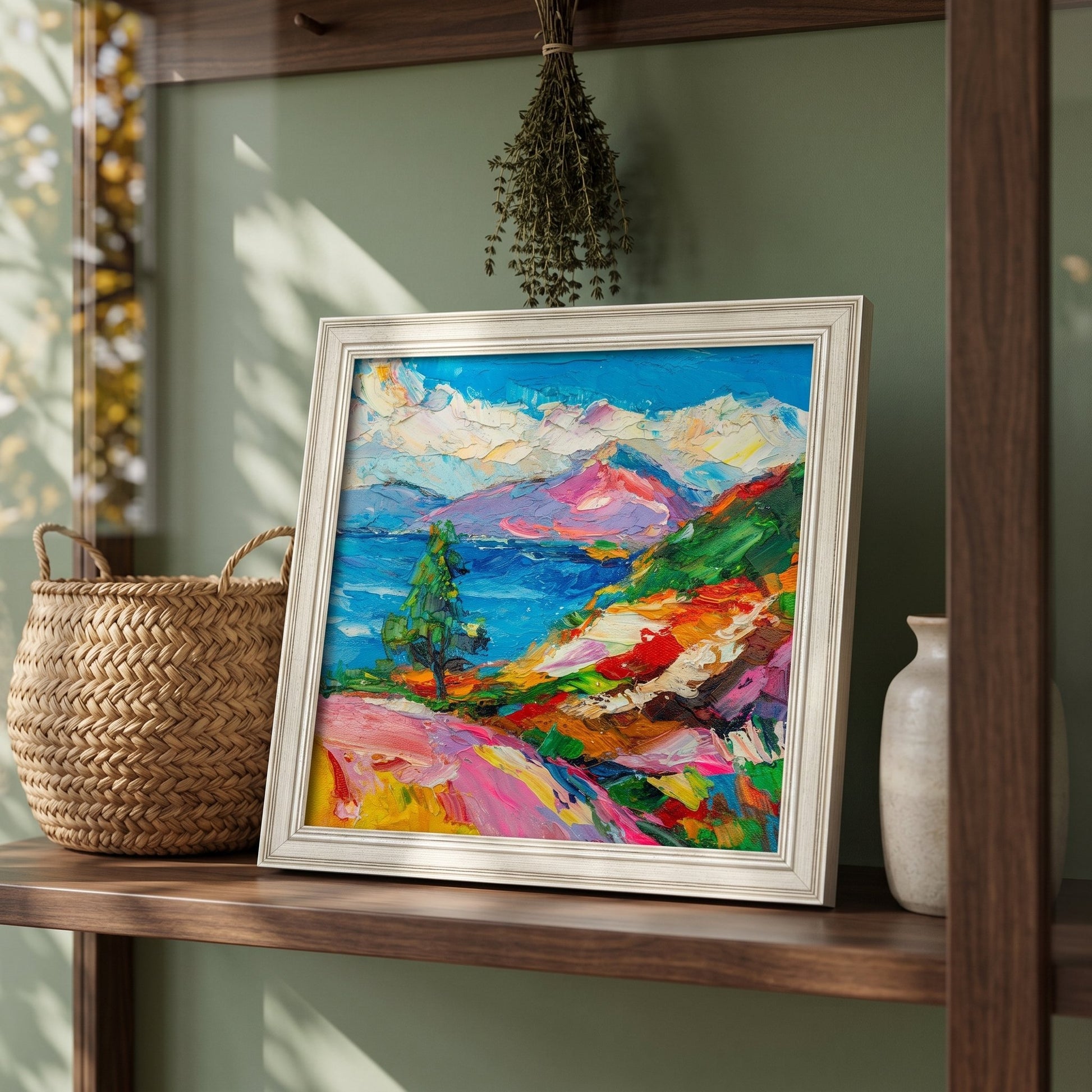 Bohemian living room — vibrant expressionist landscape painting adds color and energy to natural, earthy decor