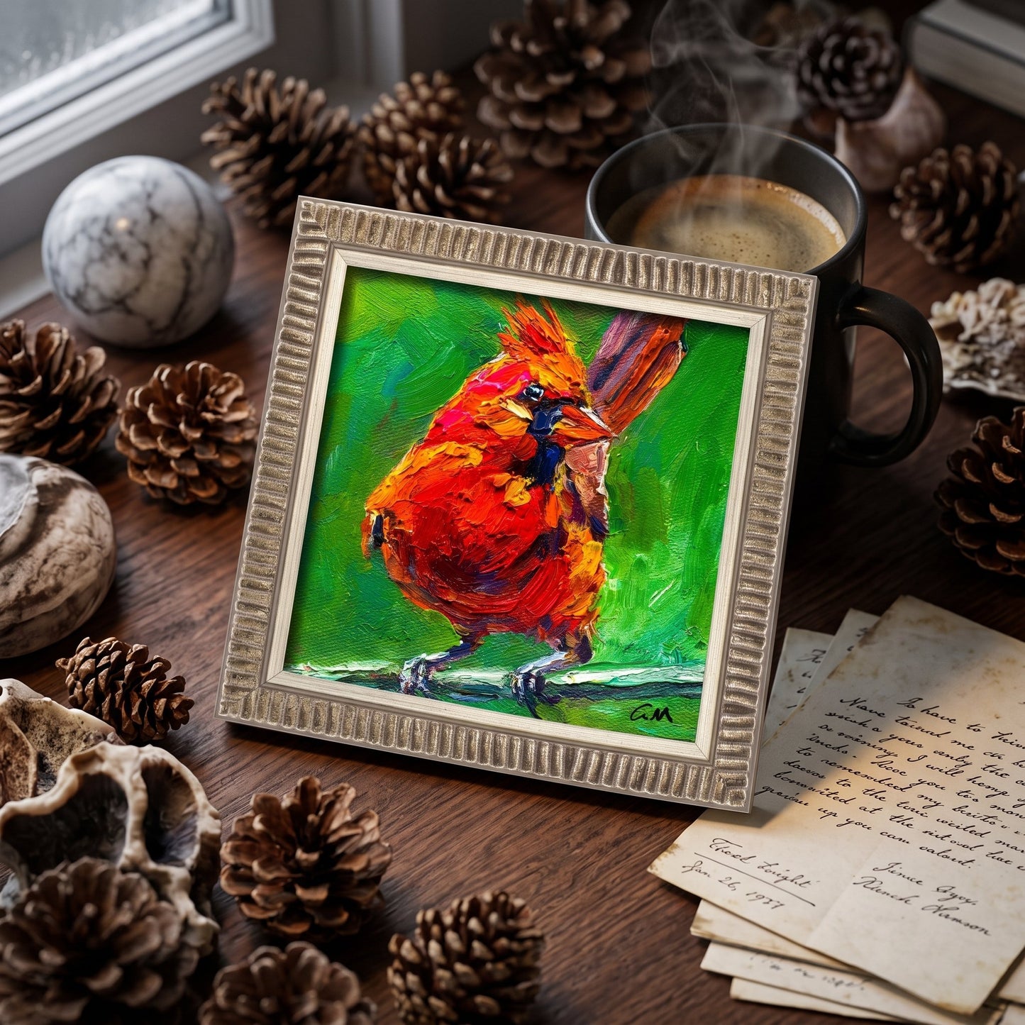 Rustic Farmhouse Study — Vibrant expressionist cardinal painting adds warmth and color to a nature-inspired workspace