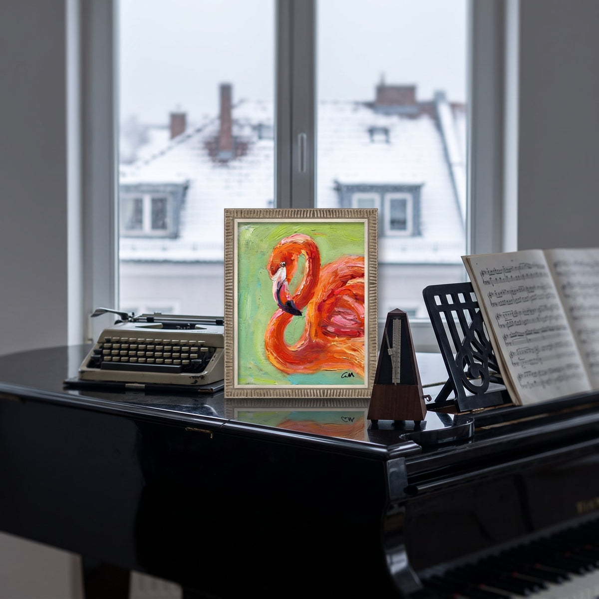 Contemporary music studio — vibrant expressionist flamingo painting adds bold color and artistic flair to minimalist space