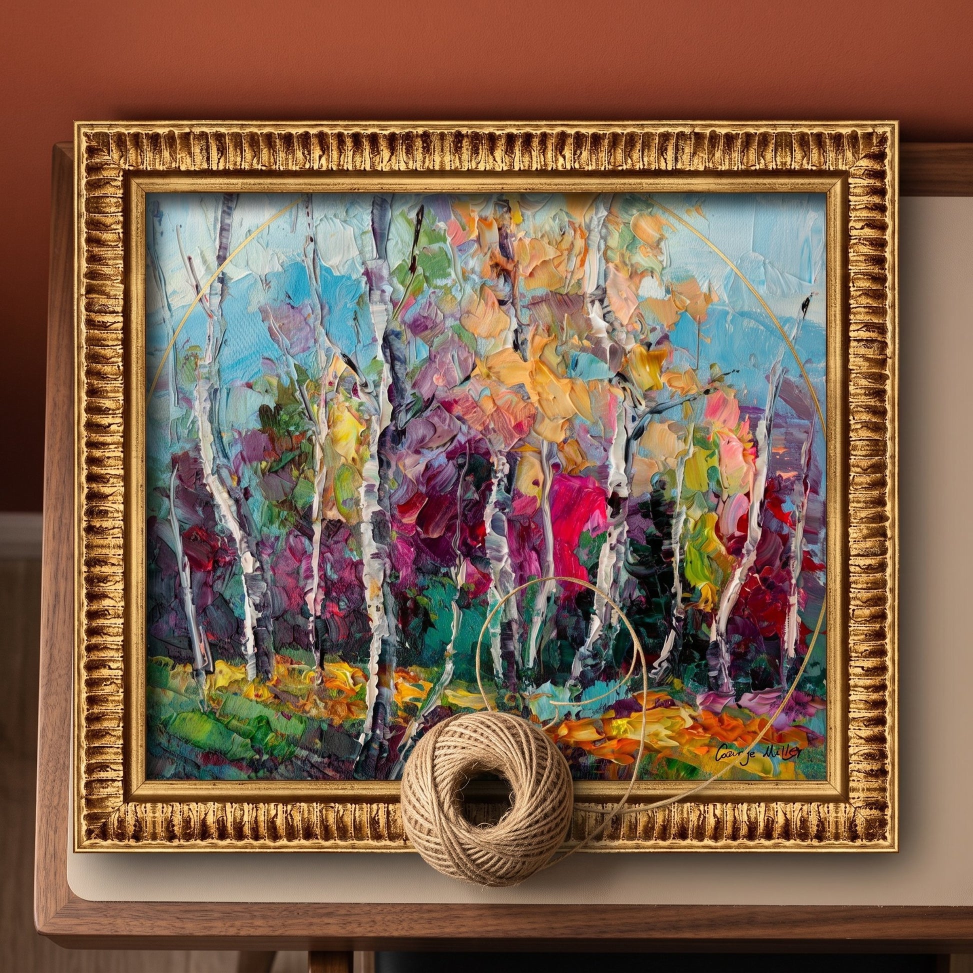 Rustic Farmhouse Living Room — Vibrant expressionist landscape painting adds warmth and artistic energy to the space