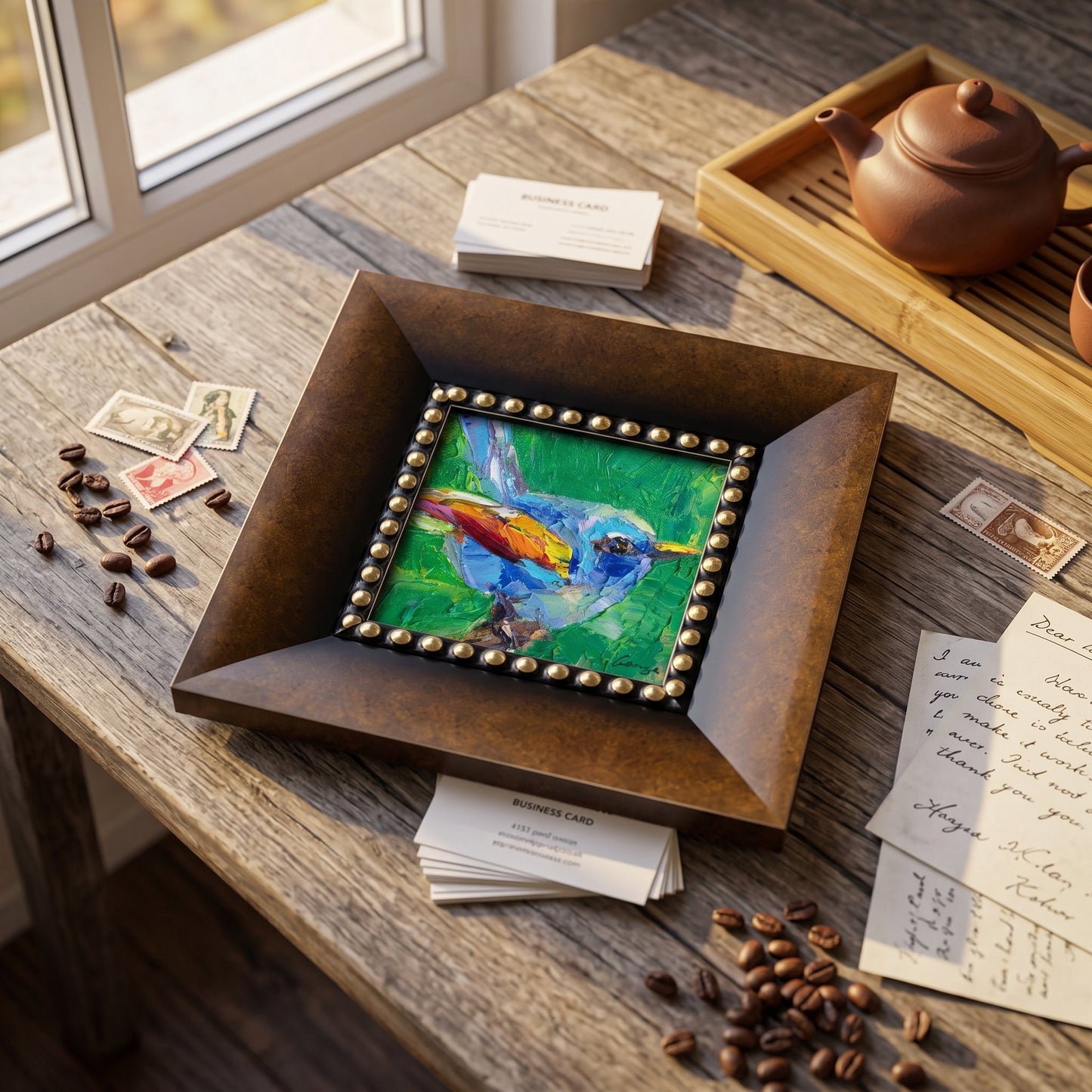 A colorful expressionist bird painting rests on a rustic wooden desk, surrounded by coffee beans and handwritten letters, displayed unframed in a decorative tray.