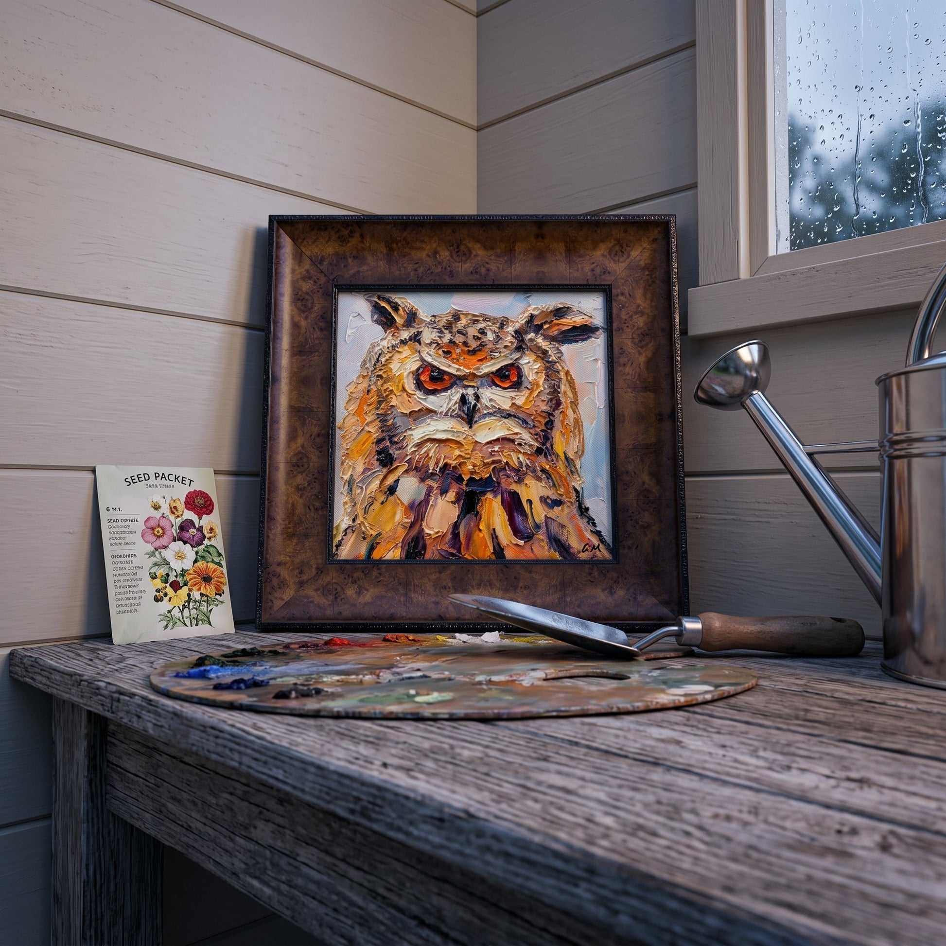 A vividly painted owl with fiery orange eyes rests on a rustic workbench beside a painter's palette and seed packet, framed in dark wood against shiplap walls.