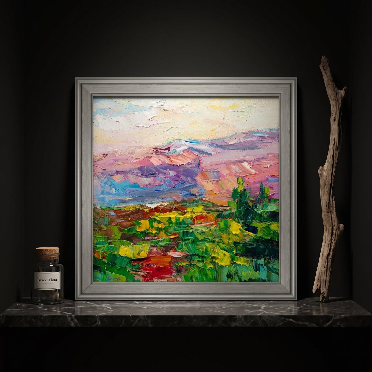 Minimalist entryway — vibrant Impressionist landscape transforms dark space with color and texture