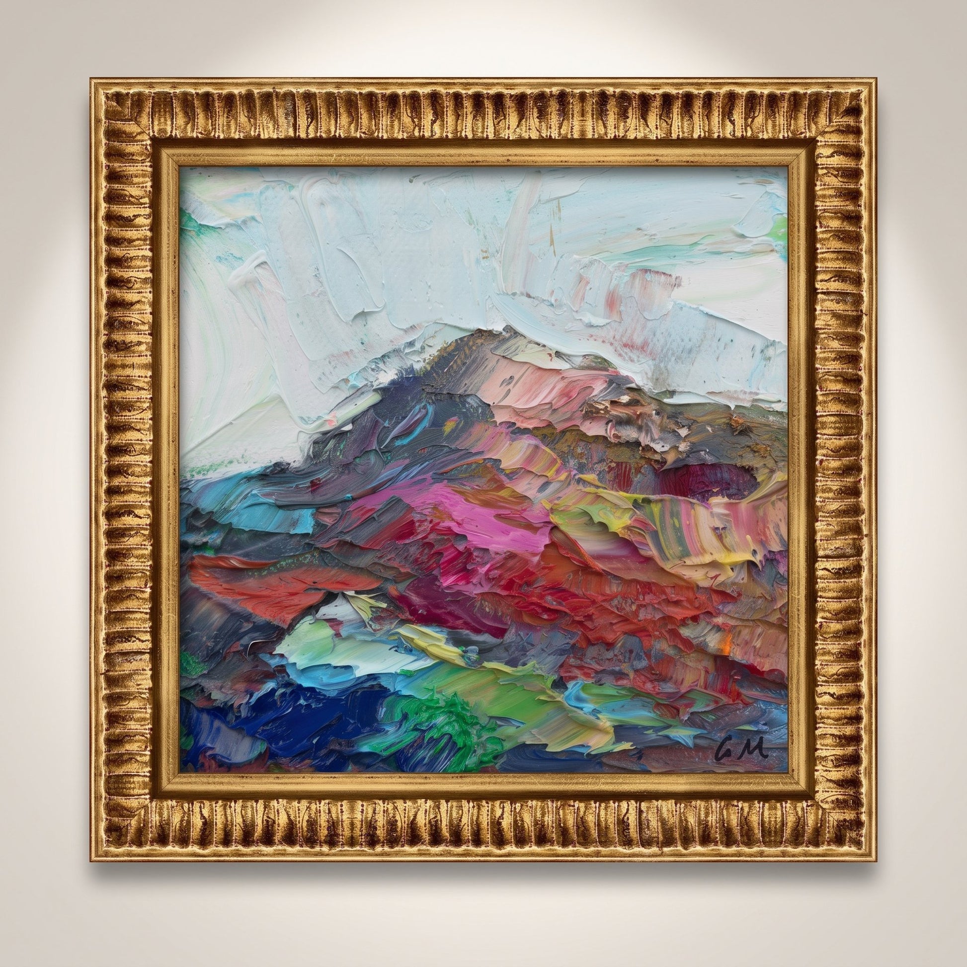 Contemporary living room — expressive landscape painting adds vibrant color and emotional depth to minimalist space