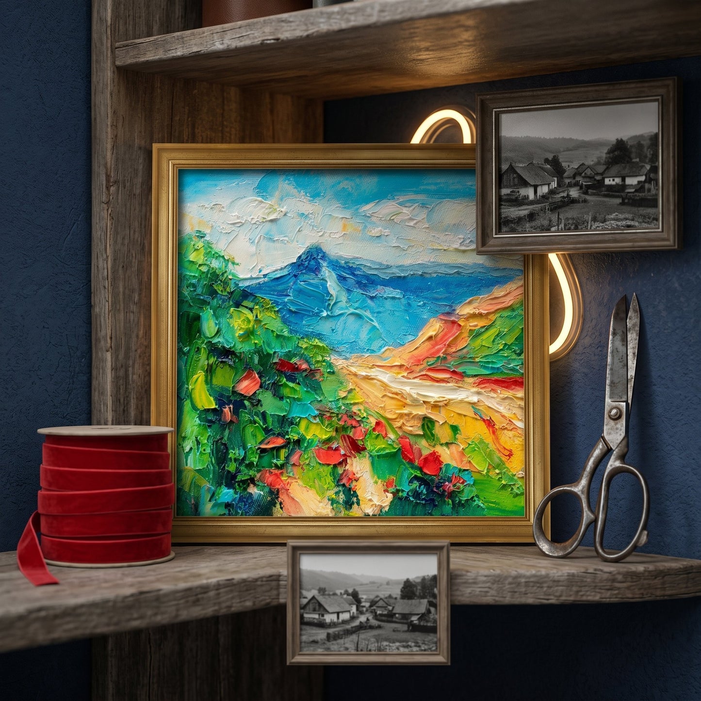 Rustic Farmhouse Study — Vibrant Impressionist landscape transforms the space with bold color and textured depth