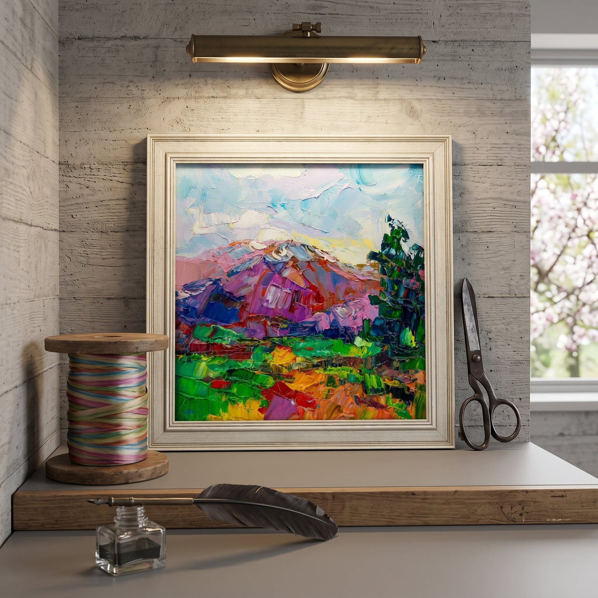 Industrial loft study — vibrant expressionist landscape painting adds color and emotion to minimalist space