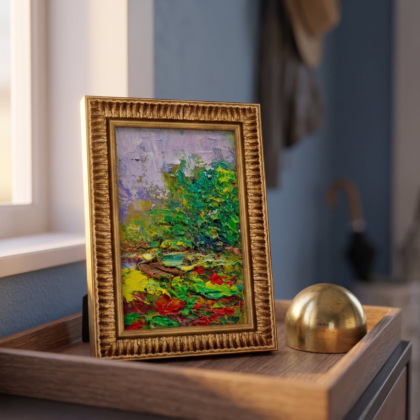Contemporary entryway — Vibrant Expressionist landscape elevates minimalist space with bold color and texture