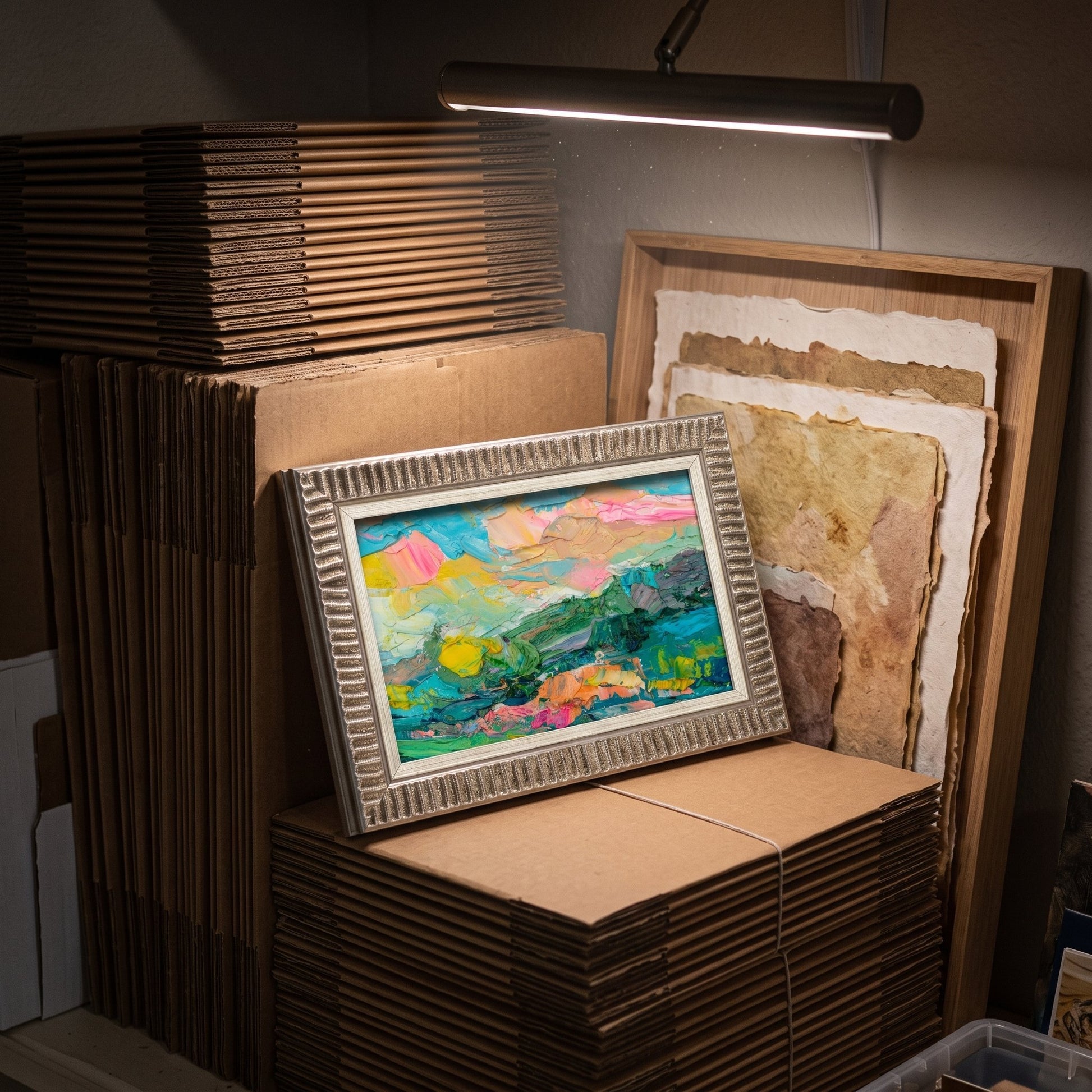 Artist's studio, industrial loft — vibrant expressionist landscape painting adds color and energy to creative workspace