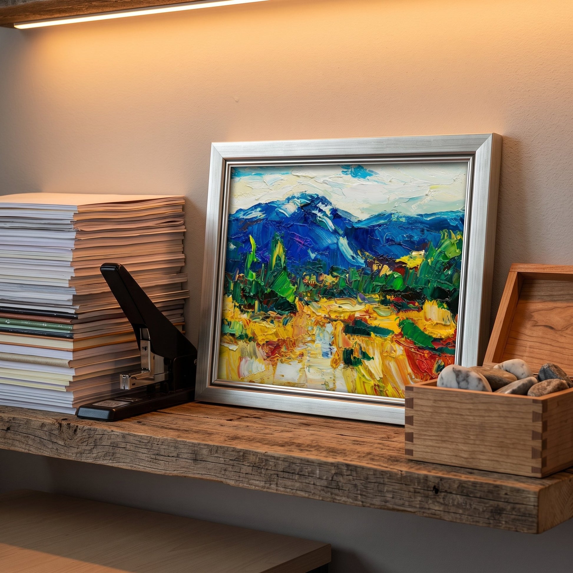 RusticFarmhouseHomeOffice — VibrantExpressionistLandscapePaintingAddsArtisticDepthAndColorToWoodenShelfDisplay