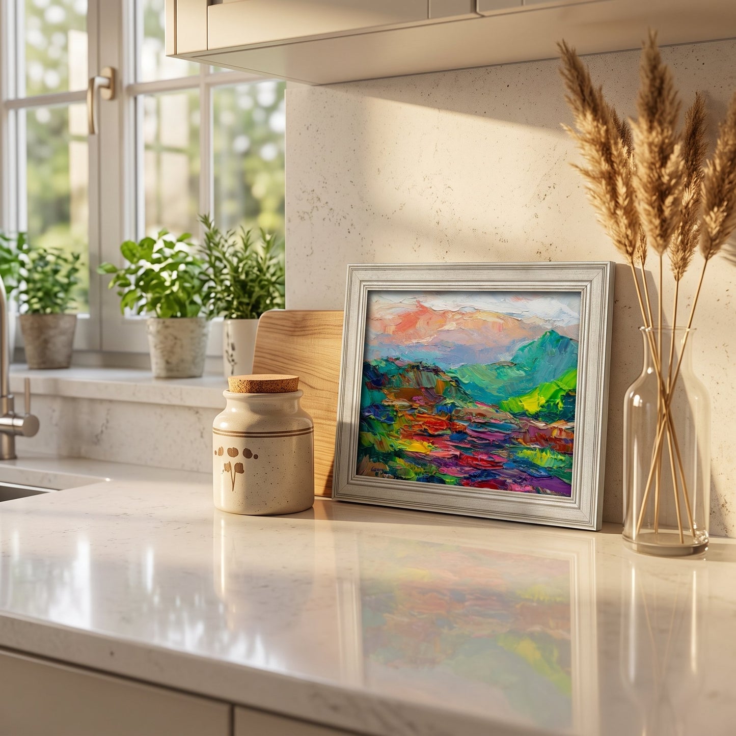 Contemporary kitchen — vibrant Expressionist landscape adds color and energy to minimalist space