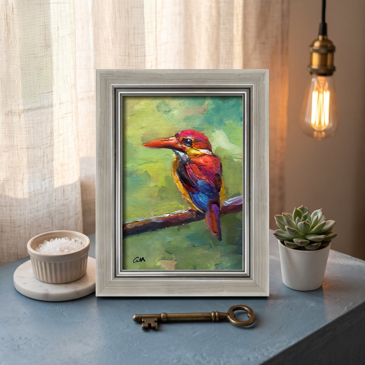 Contemporary entryway — vibrant kingfisher painting adds color and life to minimalist decor
