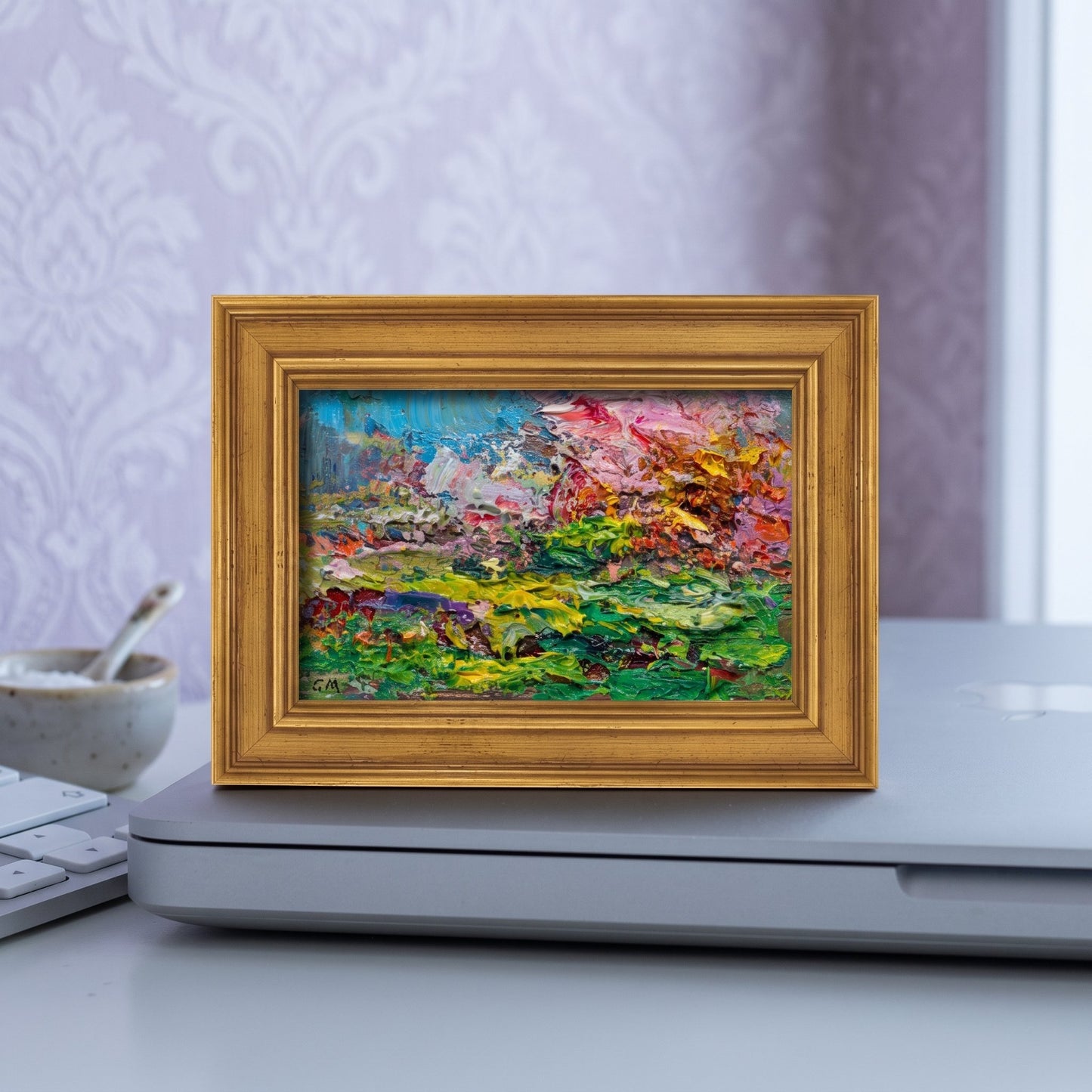 Home office, minimalist — Vibrant expressionist landscape elevates the space with bold color and texture