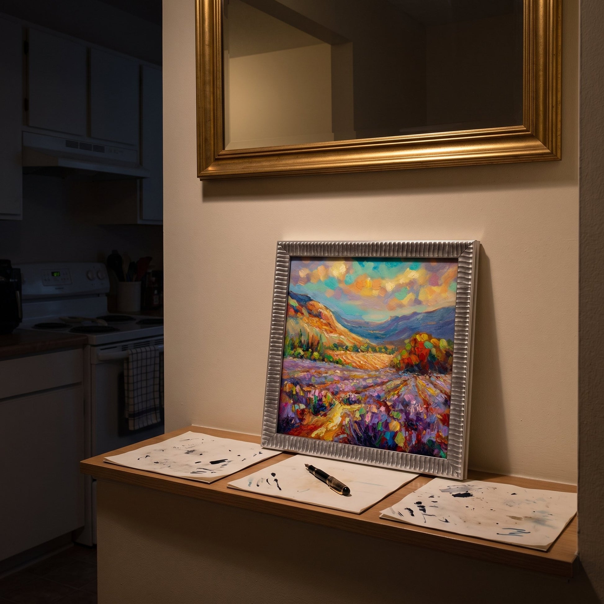Contemporary kitchen nook — vibrant Impressionist landscape elevates the space with colorful texture and warm ambiance