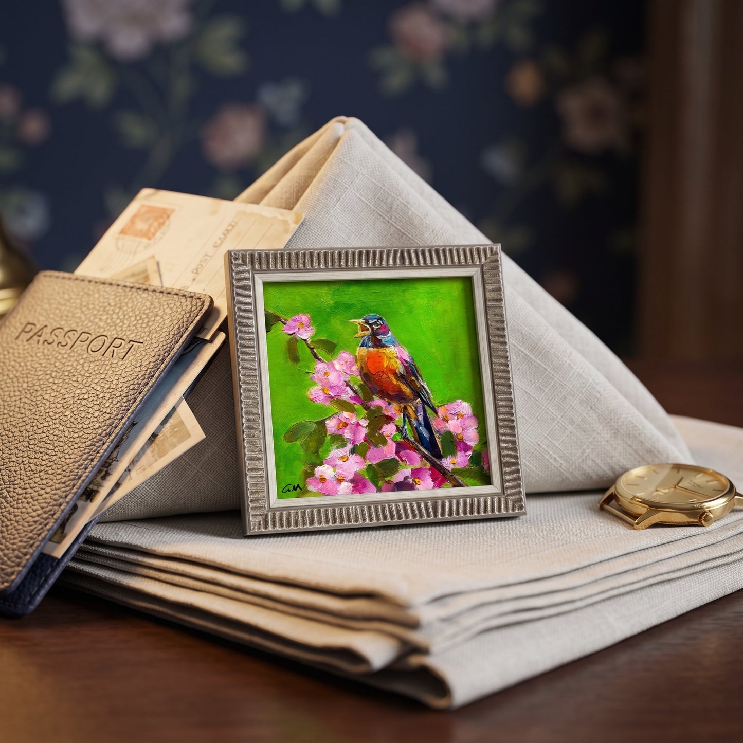 Vintage study — vibrant bird painting adds life and color to a nostalgic space
