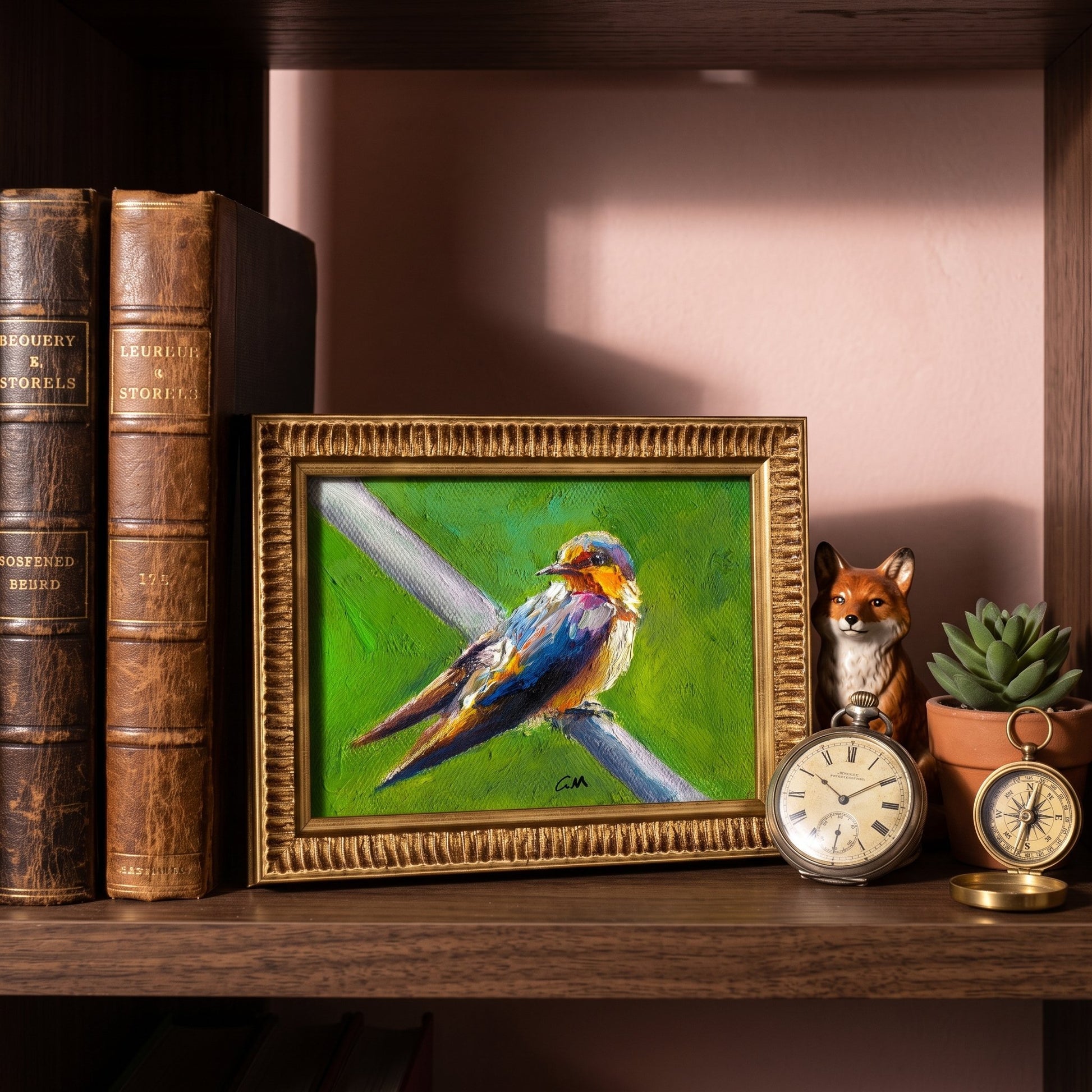 RusticFarmhouseStudy — Vibrant expressionist bird painting adds life and color to a warm, book-lined reading nook
