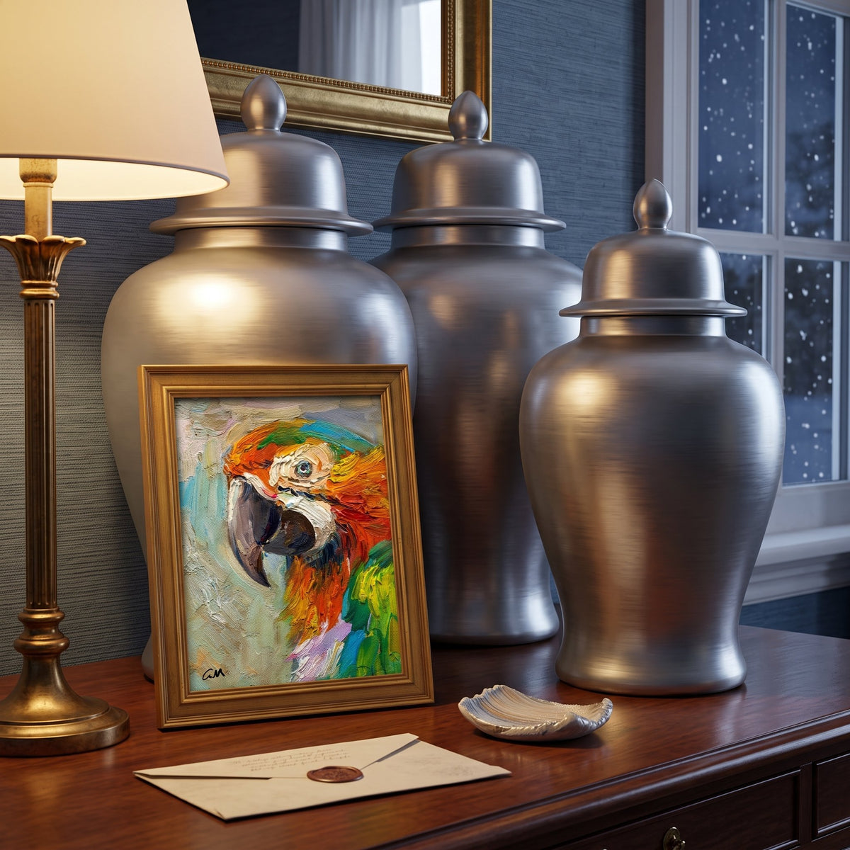 Entryway, Classic Decor — Vibrant expressionist parrot painting adds color and artistry to a refined console display