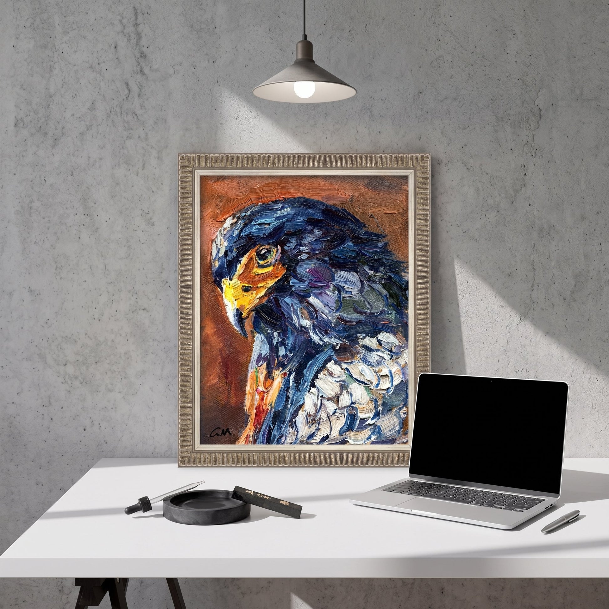 Industrial loft study — expressionist bird painting adds vibrant energy and artistic depth to minimalist workspace