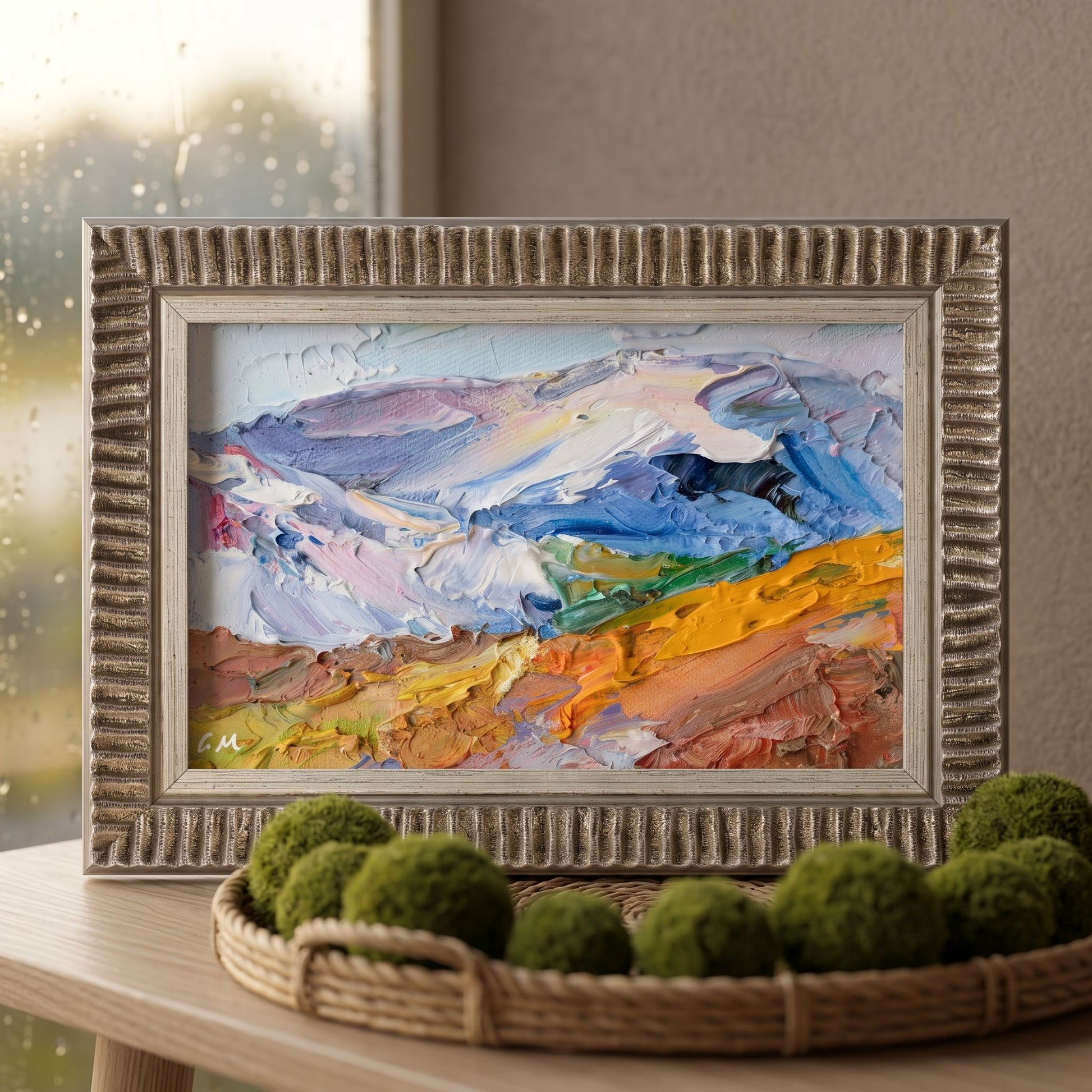 Contemporary living room — expressionist landscape painting adds vibrant color and texture to minimalist space