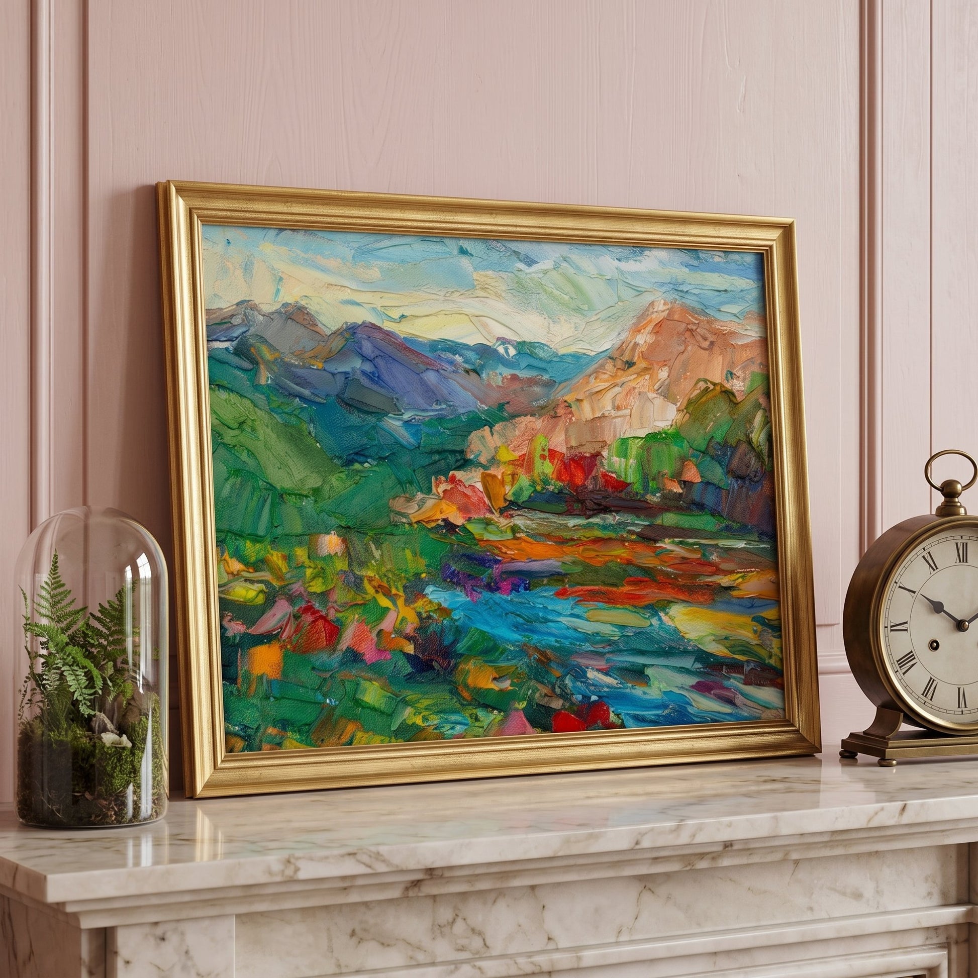 Living room, transitional decor — vibrant Impressionist landscape painting adds color and artistry to a refined, softly lit space