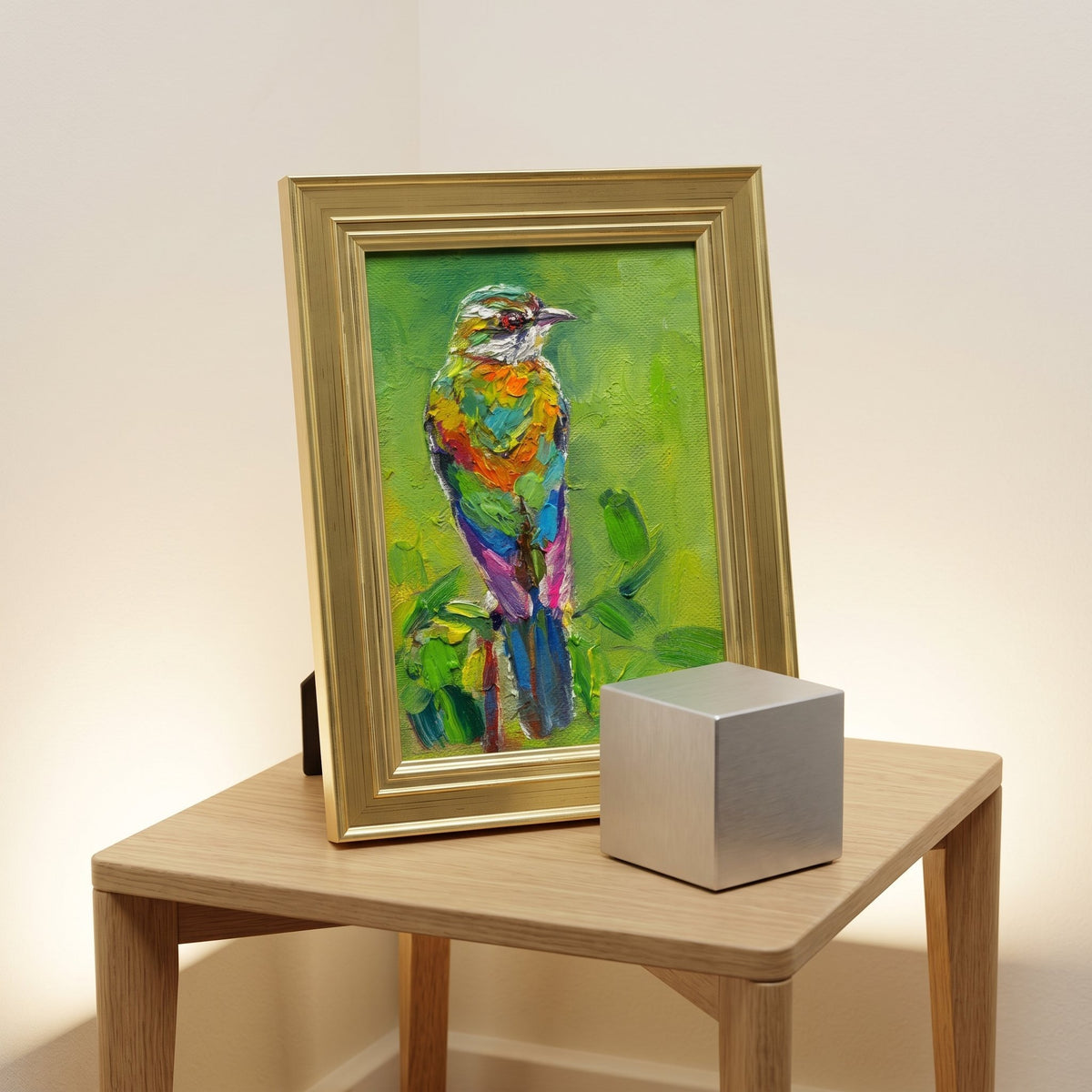 Minimalist living room — vibrant expressionist bird painting adds color and life to neutral space