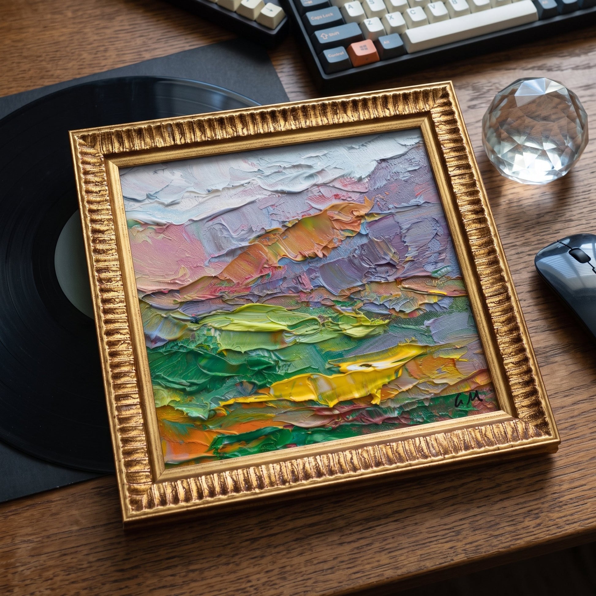 Home office, minimalist — Original Expressionist landscape elevates workspace with vibrant colors and textured artistry