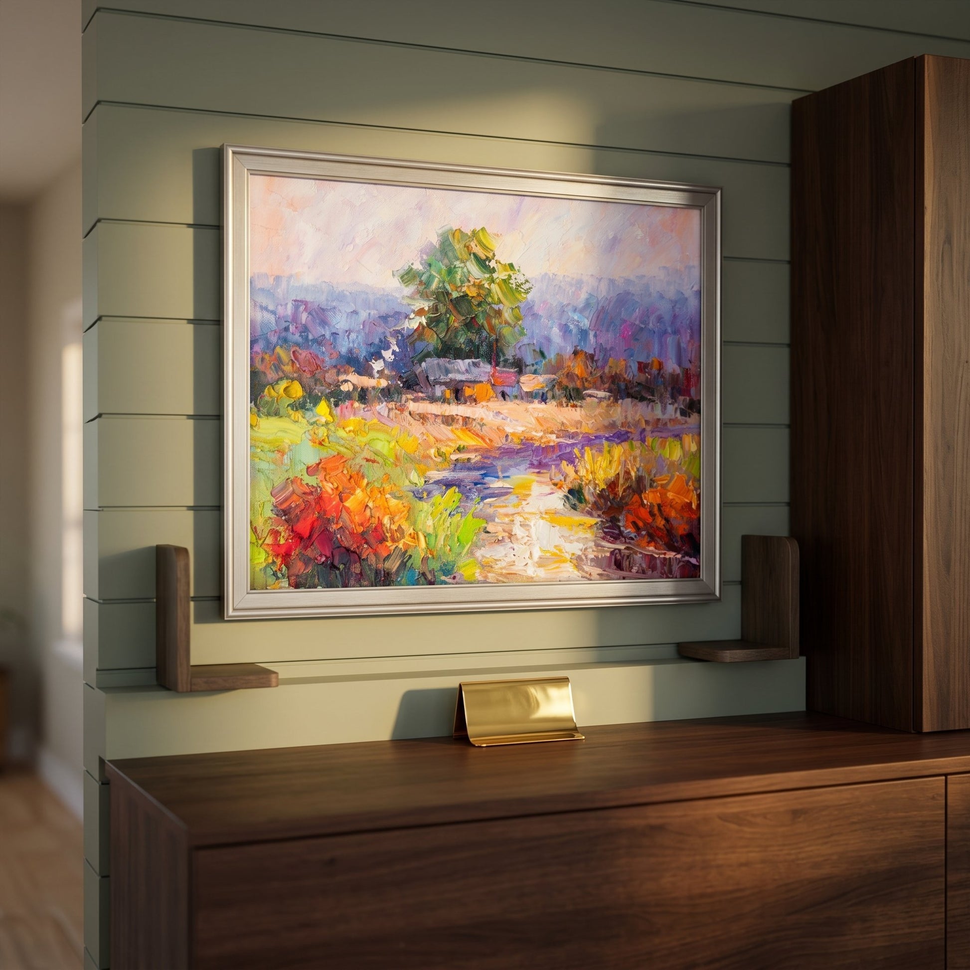 Contemporary entryway — vibrant Impressionist landscape adds warmth and artistic energy to minimalist space