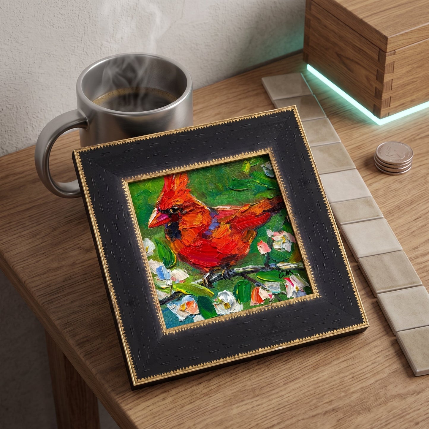 Contemporary study — Vibrant cardinal painting adds warmth and artistic flair to a minimalist workspace
