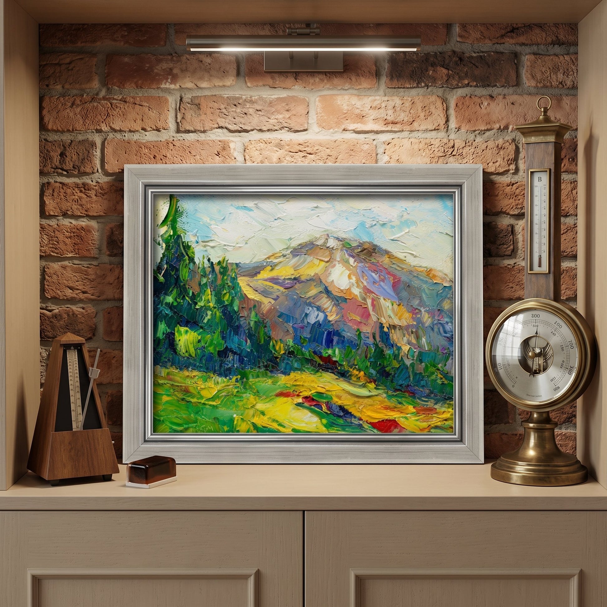 Rustic Farmhouse Study — Vibrant Impressionist Landscape Elevates Earthy Space with Color and Texture