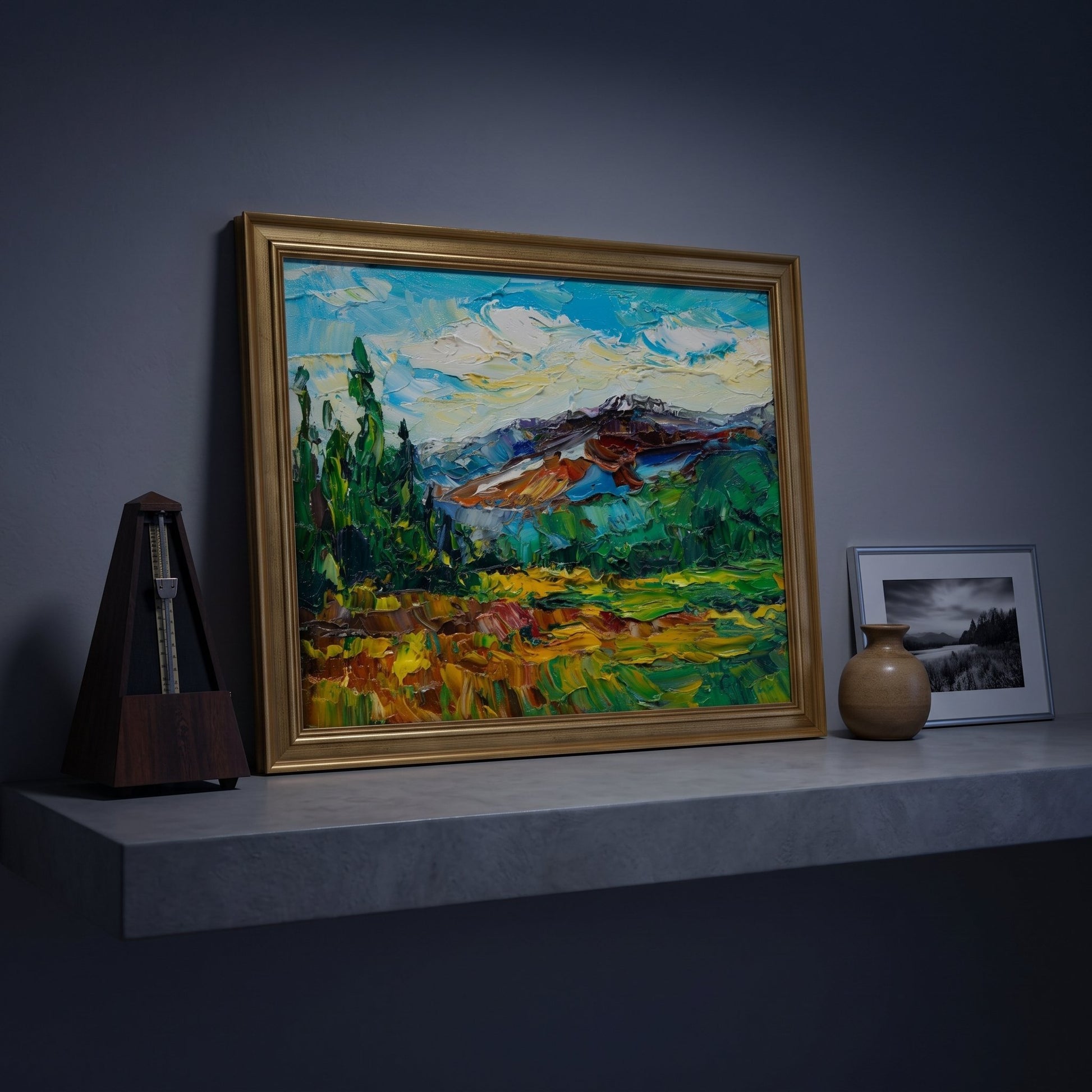 Contemporary living room — Vibrant Impressionist landscape transforms neutral space with bold color and texture