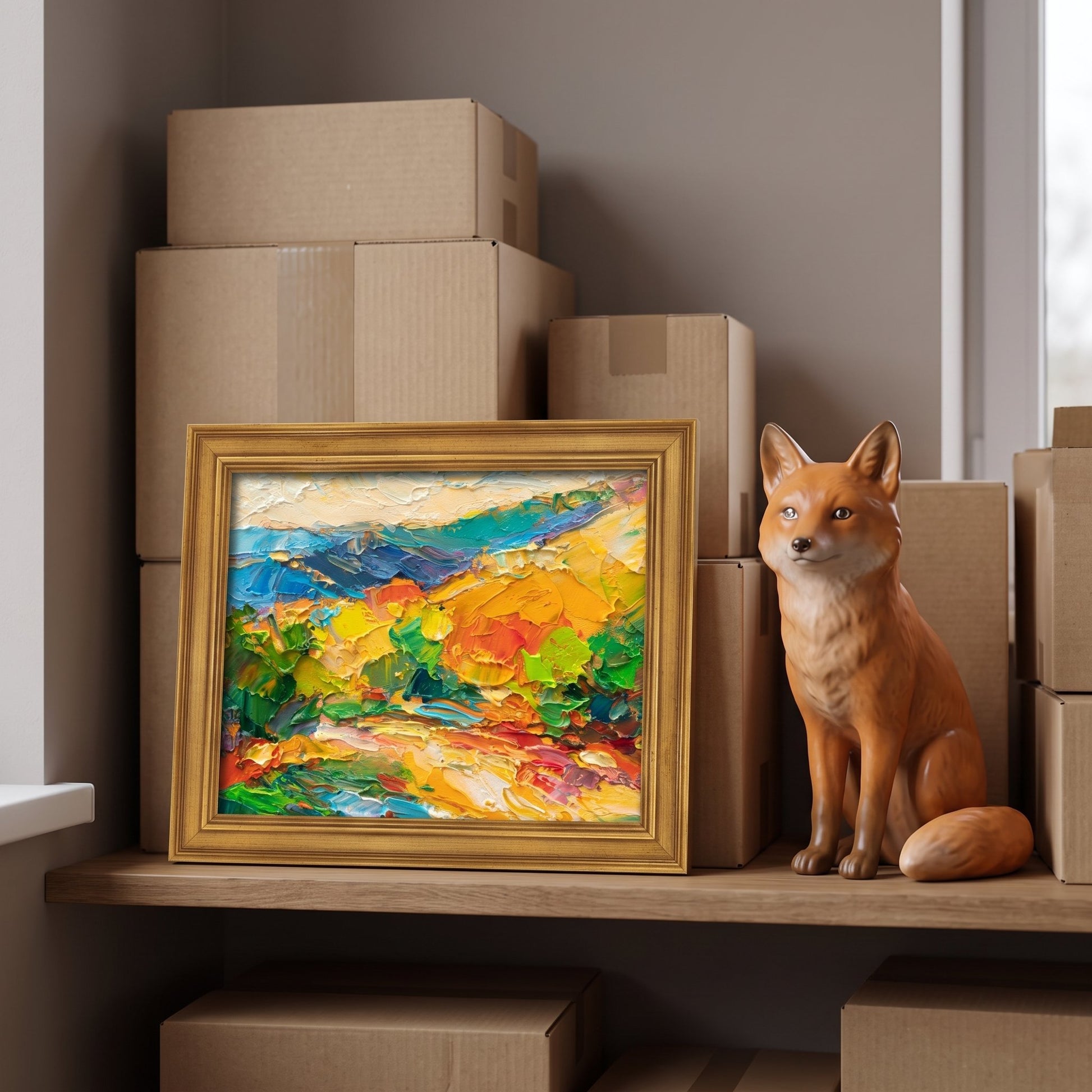 Minimalist entryway — Vibrant abstract landscape painting transforms neutral space with bold color and texture