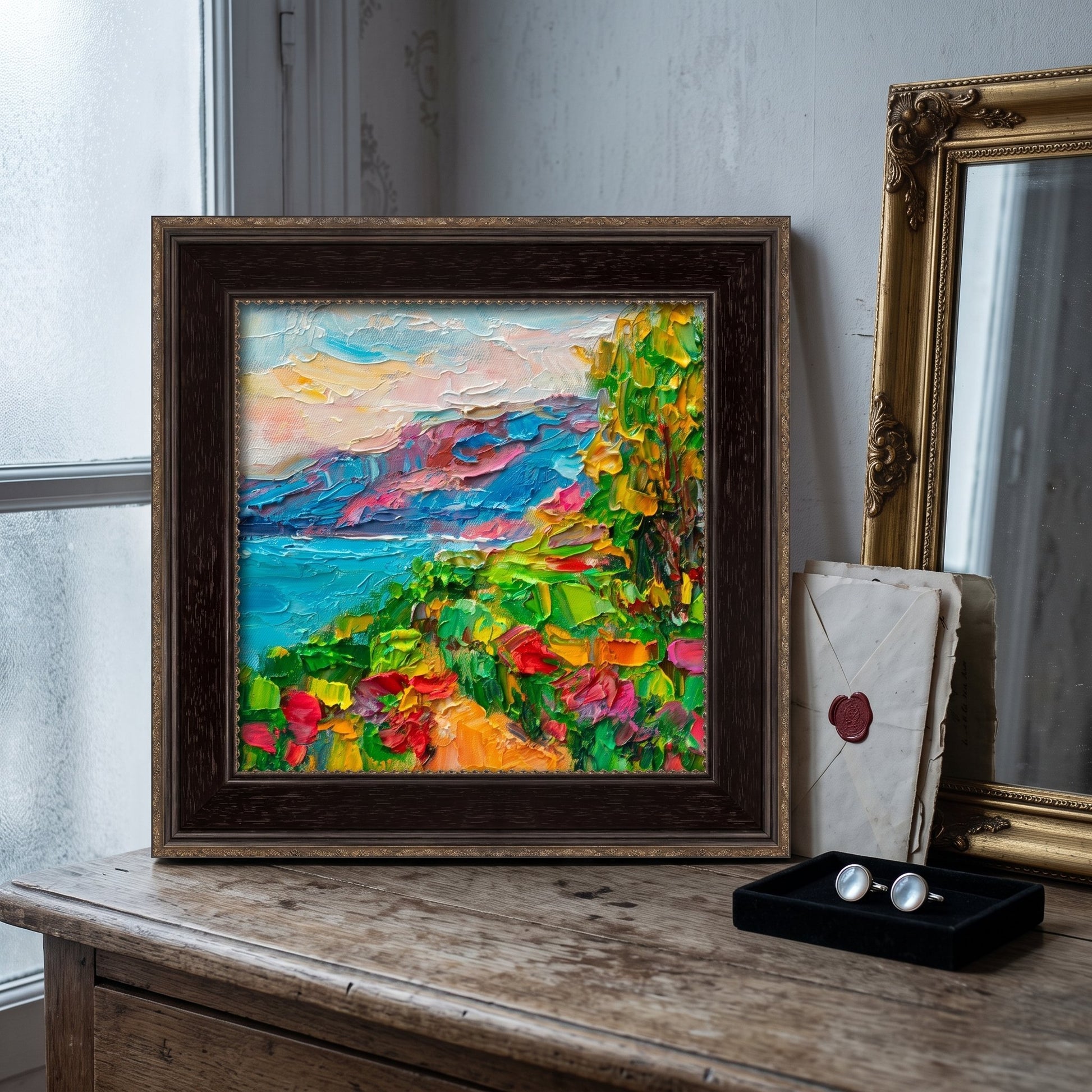 Vintage Farmhouse Bedroom — Original Impressionist Landscape Painting Adds Vibrant Color and Artistic Depth to Rustic Decor