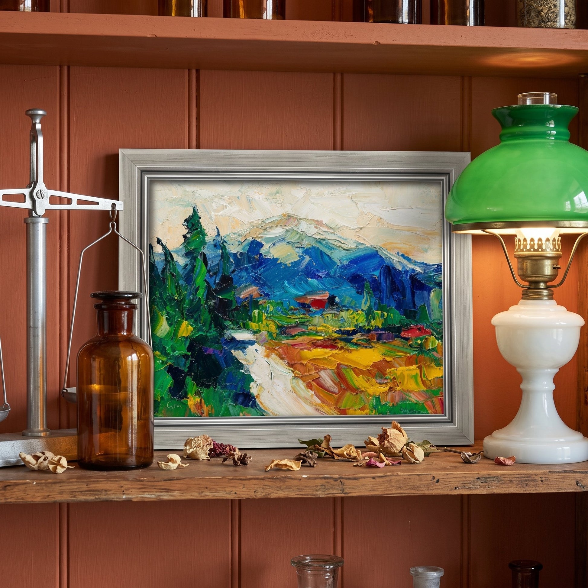 Rustic Farmhouse Study — Vibrant expressionist landscape painting elevates vintage decor with bold color and texture